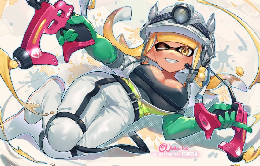 1girls artist_name blonde_hair bodysuit breasts cleavage female gloves green_gloves grey_headwear gun holding holding_gun holding_weapon inkling inkling_girl jinkoika large_breasts long_hair mining_helmet one_eye_closed paint_splatter rubber_gloves salmon_run_(splatoon) smile solo splatoon splatoon_(series) splatoon_3 teeth tentacle_hair twitter_username weapon white_background white_bodysuit yellow_eyes yellow_hair