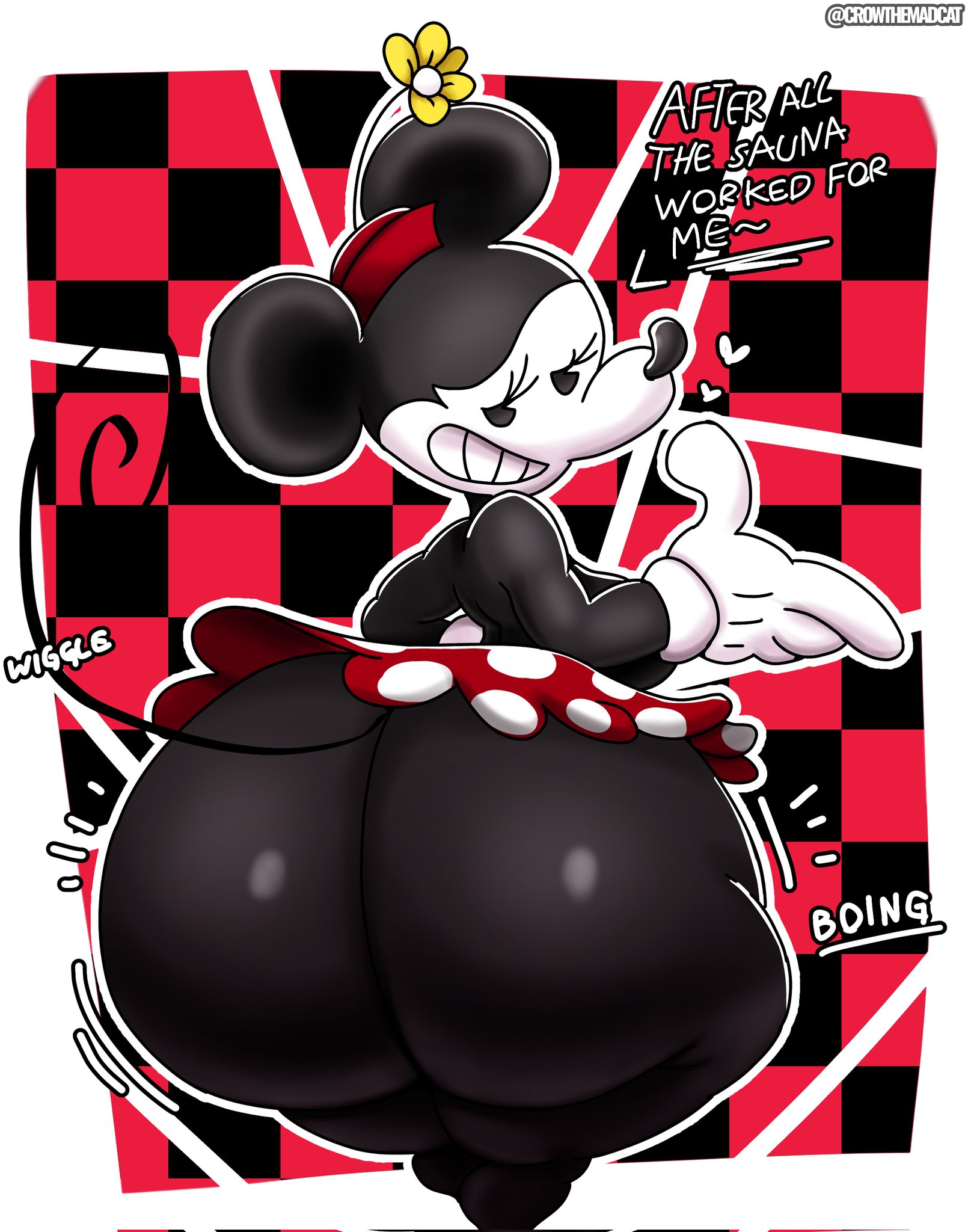 1girls, ass, big ass, big thighs, bottomless, bottomless skirt, breasts, bubble ass, bubble butt, clothing, disney, eyelashes, female, furry, gloves, huge ass, looking at viewer, looking back, minnie mouse, mouse, no panties, rodent, skimpy, smile, solo, solo female, tail, thedeathcrow05, topless, upskirt