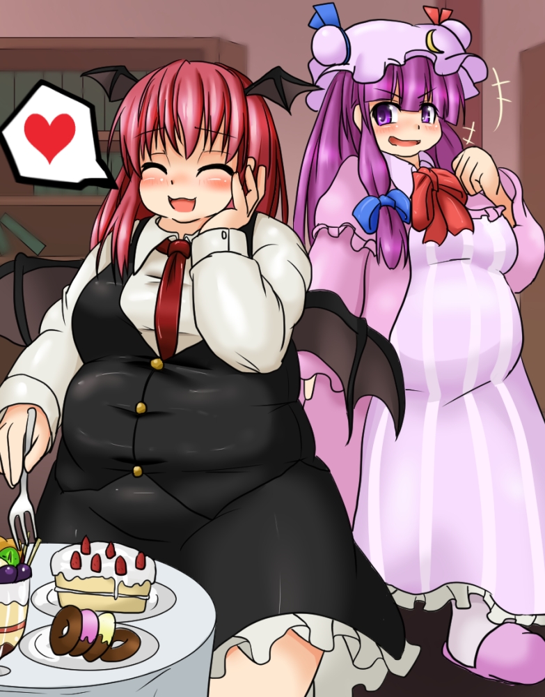 bbw belly_overhang big_belly big_female blush cake chubby chubby_female doughnut embarrassed fat fat_female fat_fetish fat_girl fat_woman fatty female food koakuma large_female obese obese_female overweight overweight_female patchouli_knowledge plump purple_hair red_hair strawberry succubus thick_thighs touhou tubby weight_gain wings woman