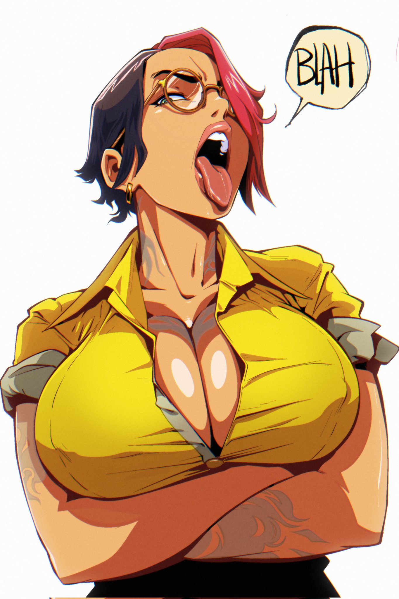 1girls 2023 asymmetrical_hair balak black_hair bust_portrait clavicle cleavage collared_shirt earrings glasses large_breasts looking_at_viewer nipple_bulge no_bra no_bra_under_clothes red_hair round_glasses short_hair simple_background solo_female speech_bubble tattoo tattooed_arm two-tone_hair white_background