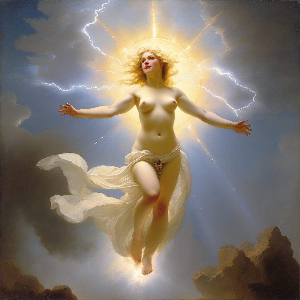 abstract ai_generated belly blonde_hair blue_eyes breasts cloud curly_hair curvy female flying goddess halo lightning lips long_hair medium_breasts navel nipples nude presenting realistic sky smile solo william_bouguereau