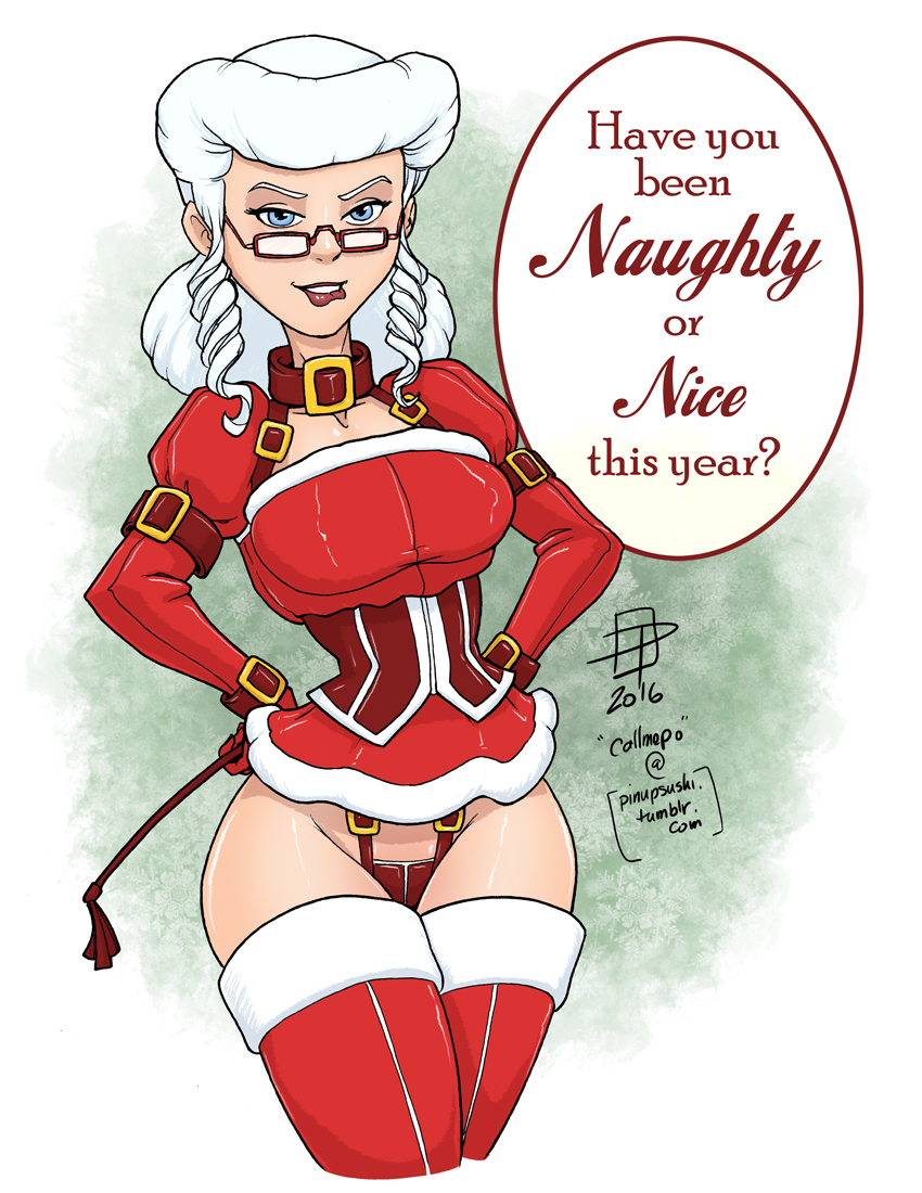 1girls, 2016, biting lip, blue eyes, callmepo, christmas, color, colored, english, english text, female, female only, gilf, glasses, lingerie, mature female, mrs. claus, riding crop, solo, white background, white hair