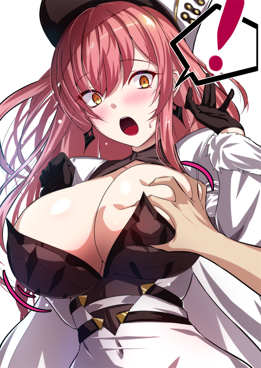 ! 1boy 1girls akeyama_kitsune azur_lane black_gloves blush breast_grab breasts cap cleavage clothed clothing deep_skin gloves grabbing_another's_breast groping groping_breast hat huge_breasts large_breasts light-skinned_female light-skinned_male light_skin molestation northern_parliament_(azur_lane) open_mouth rape red_hair shocked solo_focus spoken_exclamation_mark surprised volga_(azur_lane) yellow_eyes