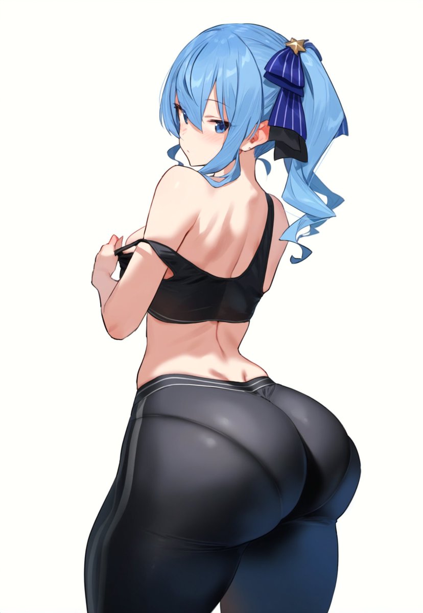1girls ai_generated ass ass_focus big_ass blue_eyes blue_hair bottom_heavy bra fully_clothed gym_clothes hololive hololive_gen_0 hololive_japan hoshimachi_suisei komica5566 looking_at_viewer neutral_expression panties_visible_through_clothing small_breasts sports_bra tagme virtual_youtuber vtuber workout_clothes yoga_pants