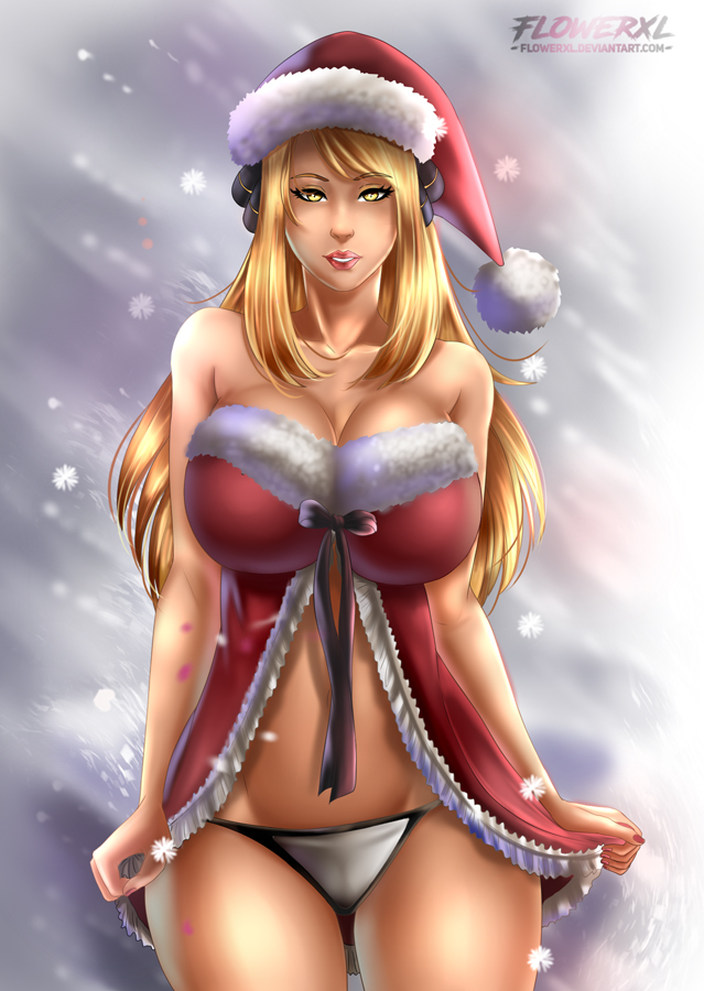 1girls, big breasts, blonde hair, breasts, christmas, cynthia (pokemon), female, female only, flowerxl, human, human only, lingerie, long hair, negligee, nintendo, panties, pokemon, pokemon dppt, solo
