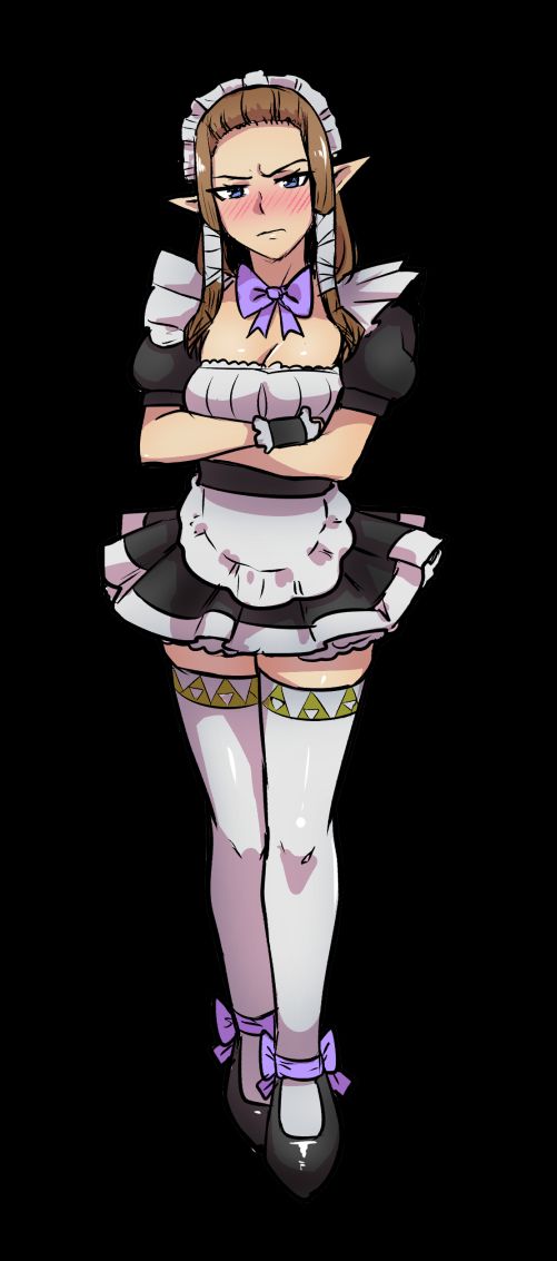 akairiot, alternate costume, angry, annoyed, apron, black background, blue eyes, blush, bow, bowtie, breasts, brown hair, cleavage, crossed arms, enmaided, female, female only, full body, fully clothed, long hair, maid, maid apron, maid headdress, nintendo, pointy ears, princess zelda, sidelocks, small breasts, solo, super smash bros., the legend of zelda, thighhighs, triforce, tsundere, twilight princess, white legwear, wrist cuffs, zelda (twilight princess), zettai ryouiki