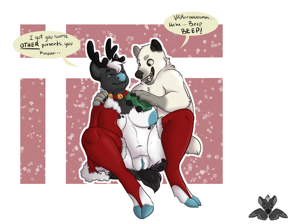 annoyed antlers bear big_breasts breasts cervine christmas clothing collar deer female happy holidays hooves horn legwear magpiehyena magpiehyena_(character) male mammal playing polar_bear pussy reindeer slightly_chubby text thigh_highs toy