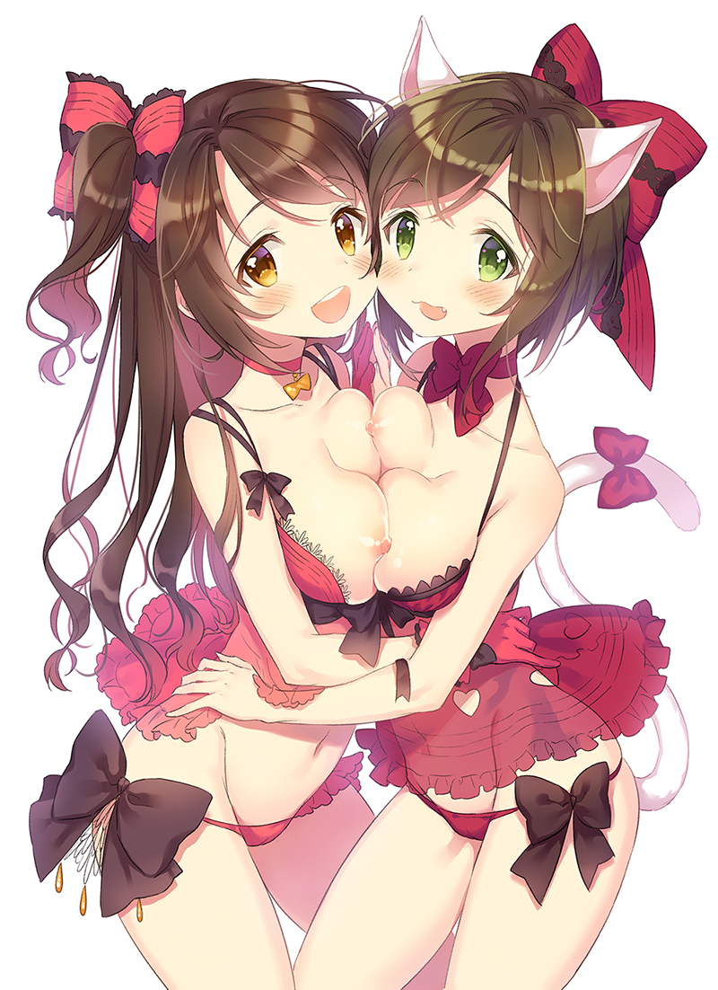 2girls :d animal_ears babydoll blush bow breast_press breasts breasts_out brown_eyes brown_hair camisole cat_ears cat_tail choker cute_fang duo female female_only green_eyes hairbow human idolmaster idolmaster_cinderella_girls large_breasts long_hair looking_at_viewer maekawa_miku manle multiple_girls nipples one_side_up open_mouth panties red_panties shimamura_uzuki short_hair side_ponytail simple_background smile symmetrical_docking tail tail_bow underwear white_background