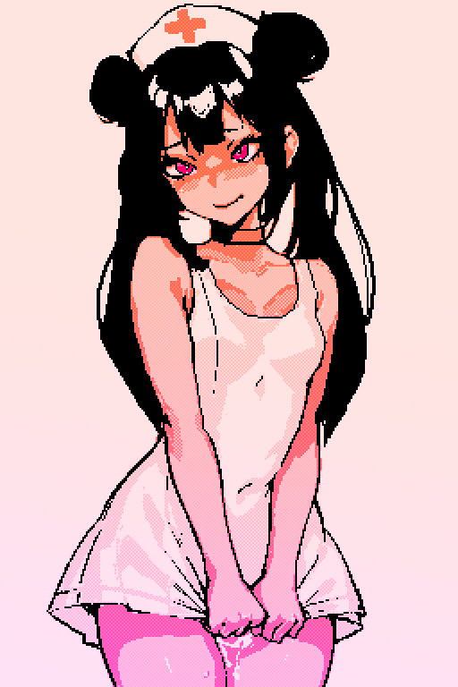 dripping, dripping pussy, female, hair bun, kairv, long hair, nervous, nervous smile, nurse, nurse cap, nurse uniform, pink eyes, pixel art, pussy, thighs, white dress