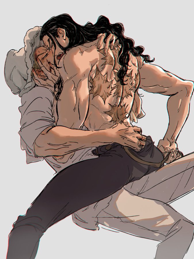 2boys black_hair gay gay_sex guillartee homosexual imminent_sex kaku_(one_piece) long_hair long_hair_male male male_only marine_(one_piece) muscular muscular_male one_piece rob_lucci scars sitting_on_lap sitting_on_person taking_off_belt top_hat topless_male undressing undressing_another yaoi