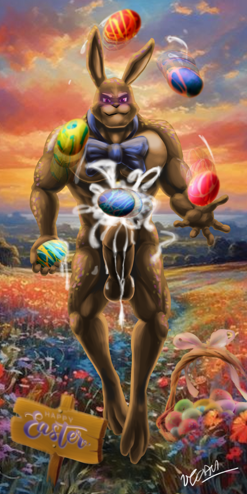 5_fingers abs abstract_background anthro anthro_only balls basket big_penis blue_background blush bodily_fluids bonnie_(fnaf) bow_(feature) bow_tie brown_body brown_ear brown_ears candy checkered checkered_background chocolate chocolate_bonnie_(fnaf) container countershade_torso countershading cum cumshot dessert easter easter_basket easter_bunny easter_egg egg ejaculation erection excessive_cum excessive_genital_fluids exposed_endoskeleton featureless_crotch fingers fist five_nights_at_freddy's food foreskin fur genital_fluids genitals green_background half-closed_eyes hand_on_penis hi_res holidays humanoid humanoid_genitalia humanoid_penis inside lagomorph leporid long_ears looking_at_viewer looking_down lying machine male male_only mammal masturbation metal metallic metallic_body motion_lines multicolored_body multicolored_ears muscular muscular_anthro muscular_male narrowed_eyes nipples notched_ear nude on_side open_mouth orange_eyes pattern_background pecs penile penile_masturbation penis pink_nose purple_body purple_eyes purple_fur rabbit scar scottgames simple_background slightly_chubby slightly_chubby_male solo spread_legs spreading standing teeth text thick_penis torn_body two_tone_body two_tone_ears vein veiny_penis white_background wire yellow_background