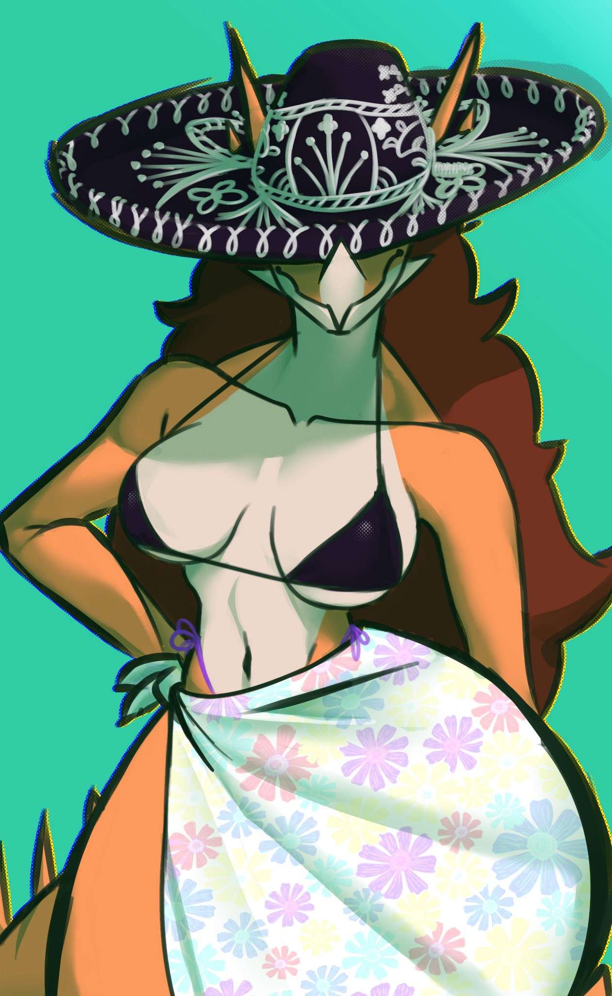 1girls, anthro, bikini top, boobs, breasts, brunette, cavemanon studios, dinosaur, dinosaur girl, female, goodbye volcano high, hi res, horns, latina, orange skin, reptile, rosa (gvh), scalie, snoot game, sombrero