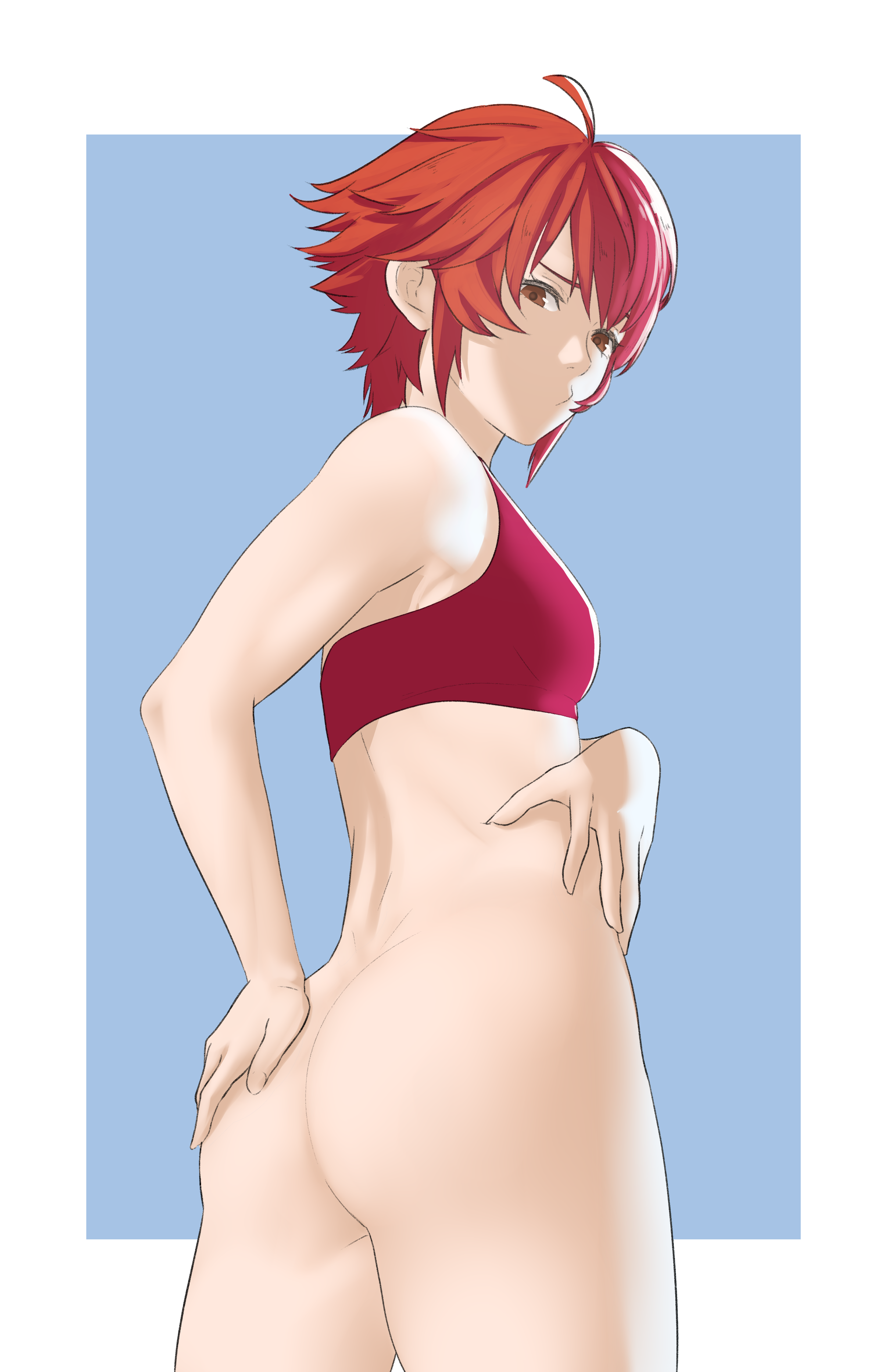 1girls, ass, big ass, bottomless, breasts, commentary, contemporary, english commentary, female, female only, fire emblem, fire emblem fates, hand on own hip, highres, hinoka (fire emblem), looking at viewer, looking back, nintendo, orange eyes, pomelomelon, red hair, red sports bra, short hair, small breasts, solo, sports bra, tank top, very short hair