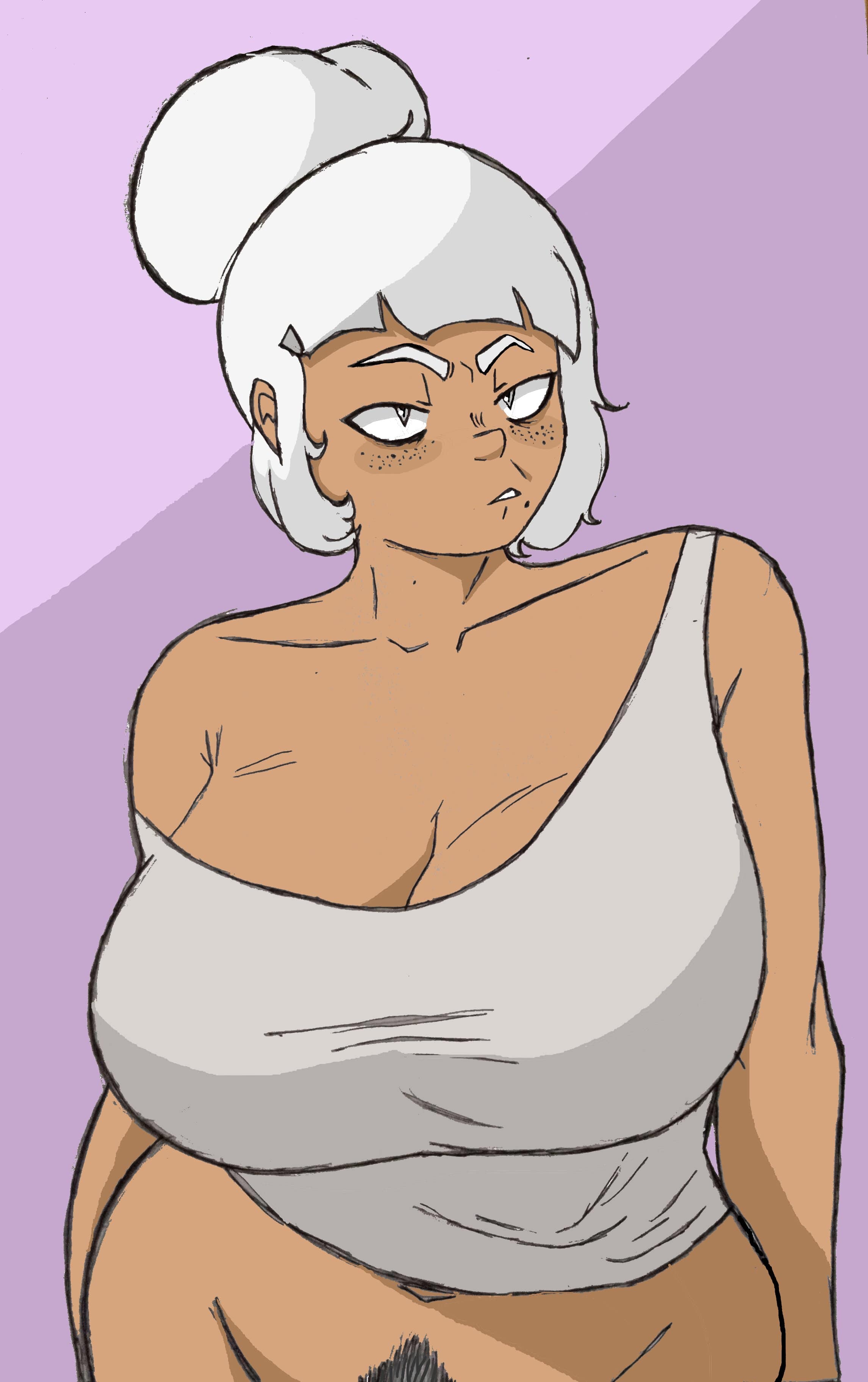 1girls, belly, belly button, big breasts, black pubic hair, bottomless, breasts, cleavage, cleavage lines, cleft of venus, clothing stretch, color, dark skin, dark-skinned female, excessive pubic hair, female, female focus, female only, freckles, gilf, grey eyes, huge breasts, large breasts, looking at another, looking at viewer, massive breasts, mature female, navel, older female, out of frame, out of frame censoring, paisleyartlord, partially clothed, petunia (paisleyartlord), pubes, pubic hair, purple background, shaded, t-shirt, top heavy, voluptuous, voluptuous female, vulva, white hair, wide hips