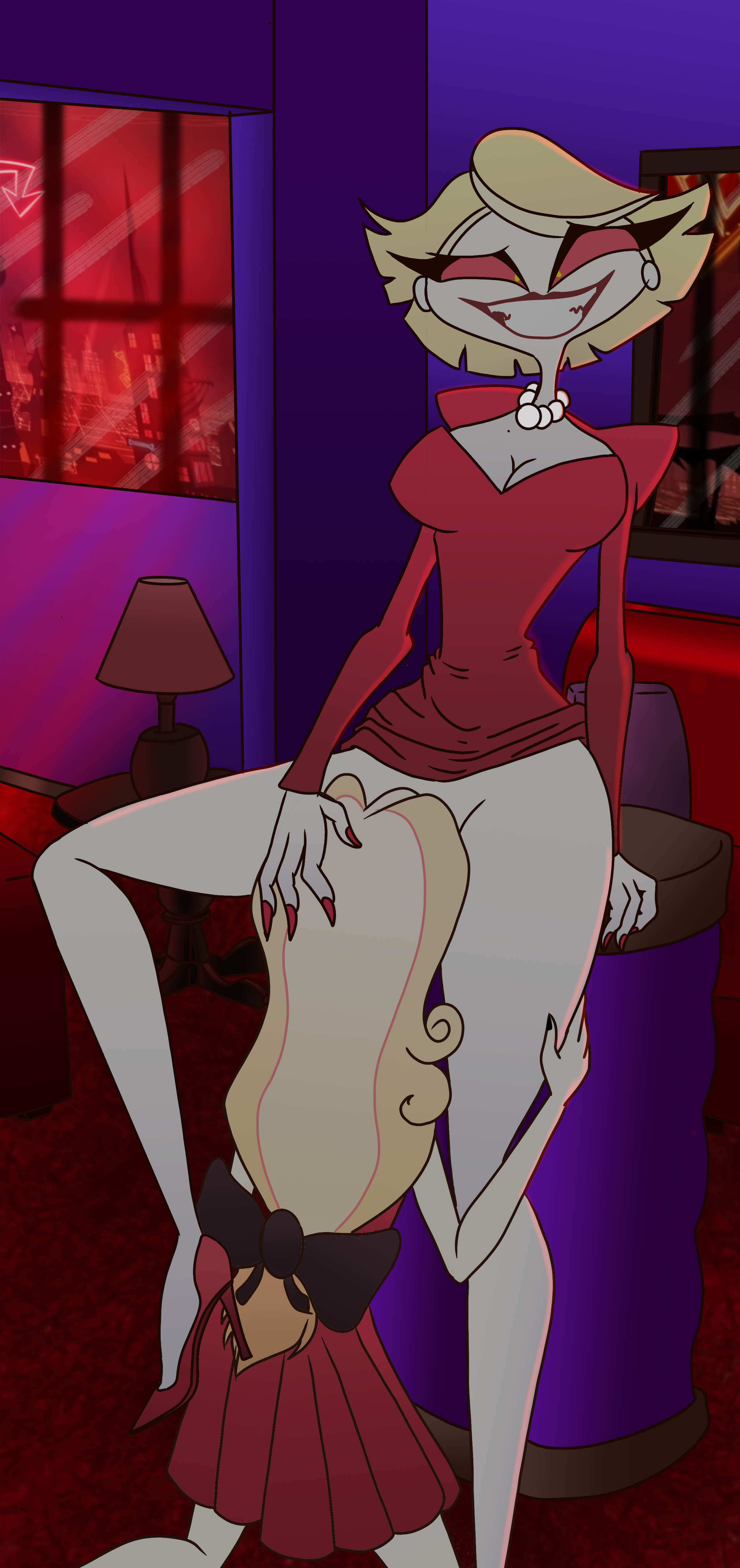2021, 2girls, big breasts, blonde hair, breasts, charlie morningstar (hazbin hotel), cleavage, cross-eyed, cunnilingus, dreamln, duo, duo female, female, female only, female/female, hair ornament, hair ribbon, hazbin hotel, high heels, katie killjoy, long hair, looking pleasured, medium hair, multiple females, multiple girls, no panties, pearl earrings, pearl necklace, red lipstick, red nails, sharp teeth, smile, vivienne medrano, vivziepop, yellow hair, yuri