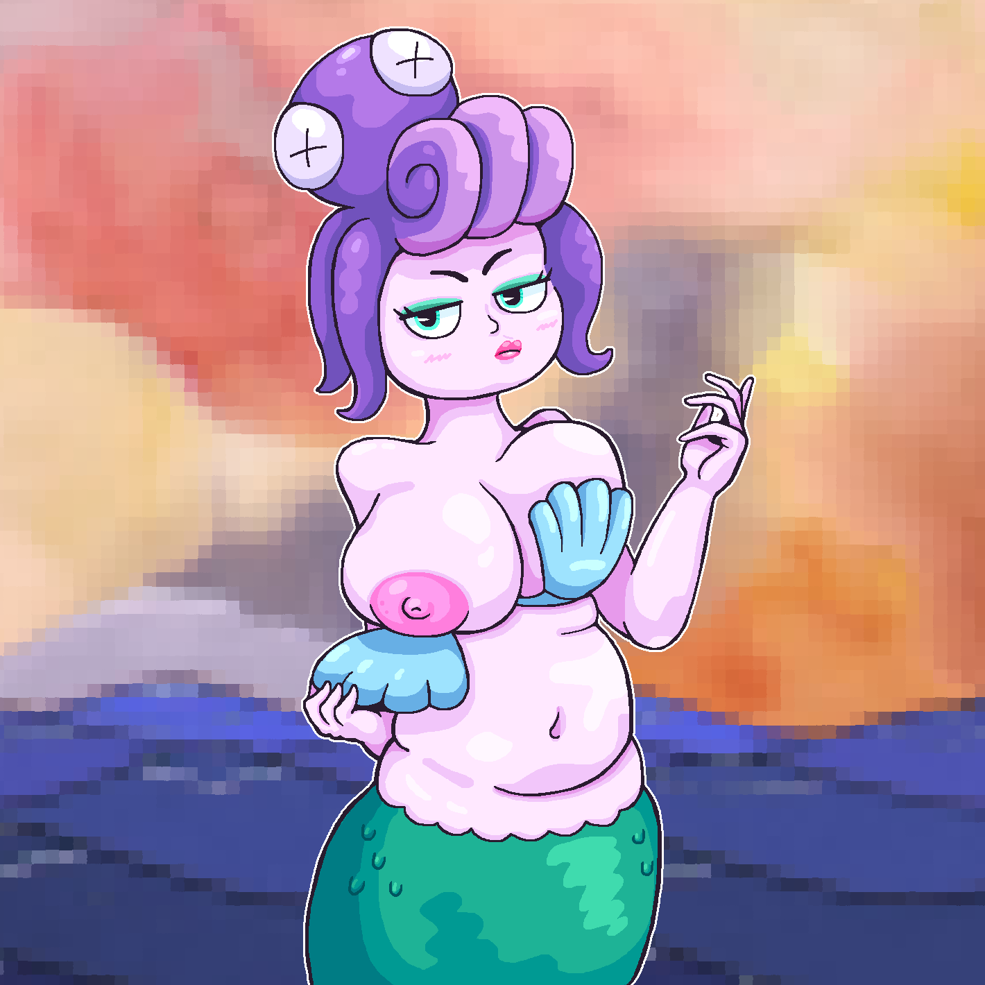 annoyed annoyed_expression belly_button big_breasts bra breasts cala_maria cuphead_(game) curvy female female_focus female_only flashing flashing_breasts hips large_areolae large_breasts large_hips makeup mermaid one_breast_out pouty_lips slightly_chubby thick tits tummy tummy_fold wide_hips