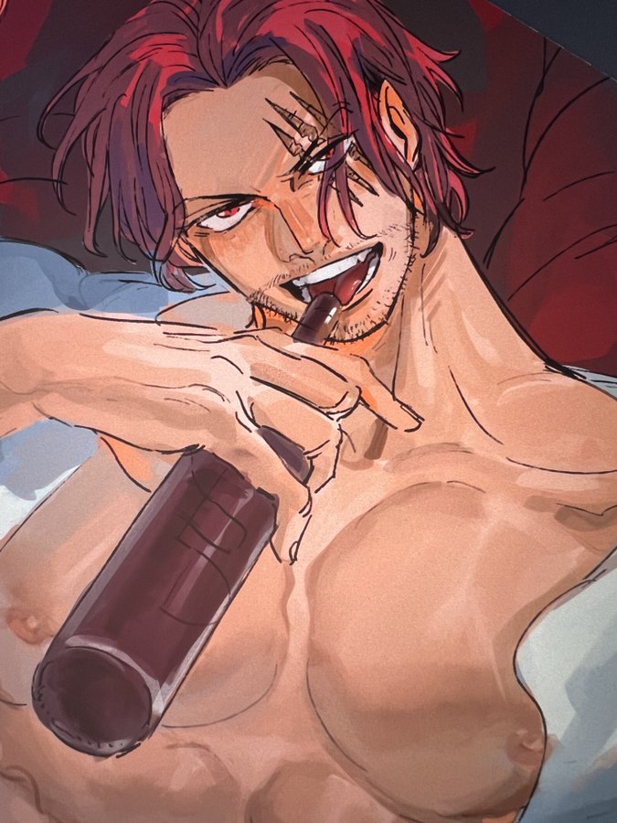 alcohol bottle close-up facial_hair facial_scar guillartee holding holding_bottle holding_object looking_at_viewer male male_only one_piece open_mouth open_shirt red_eyes red_hair scar scar_on_face sexually_suggestive shanks stubble tongue_out upper_body