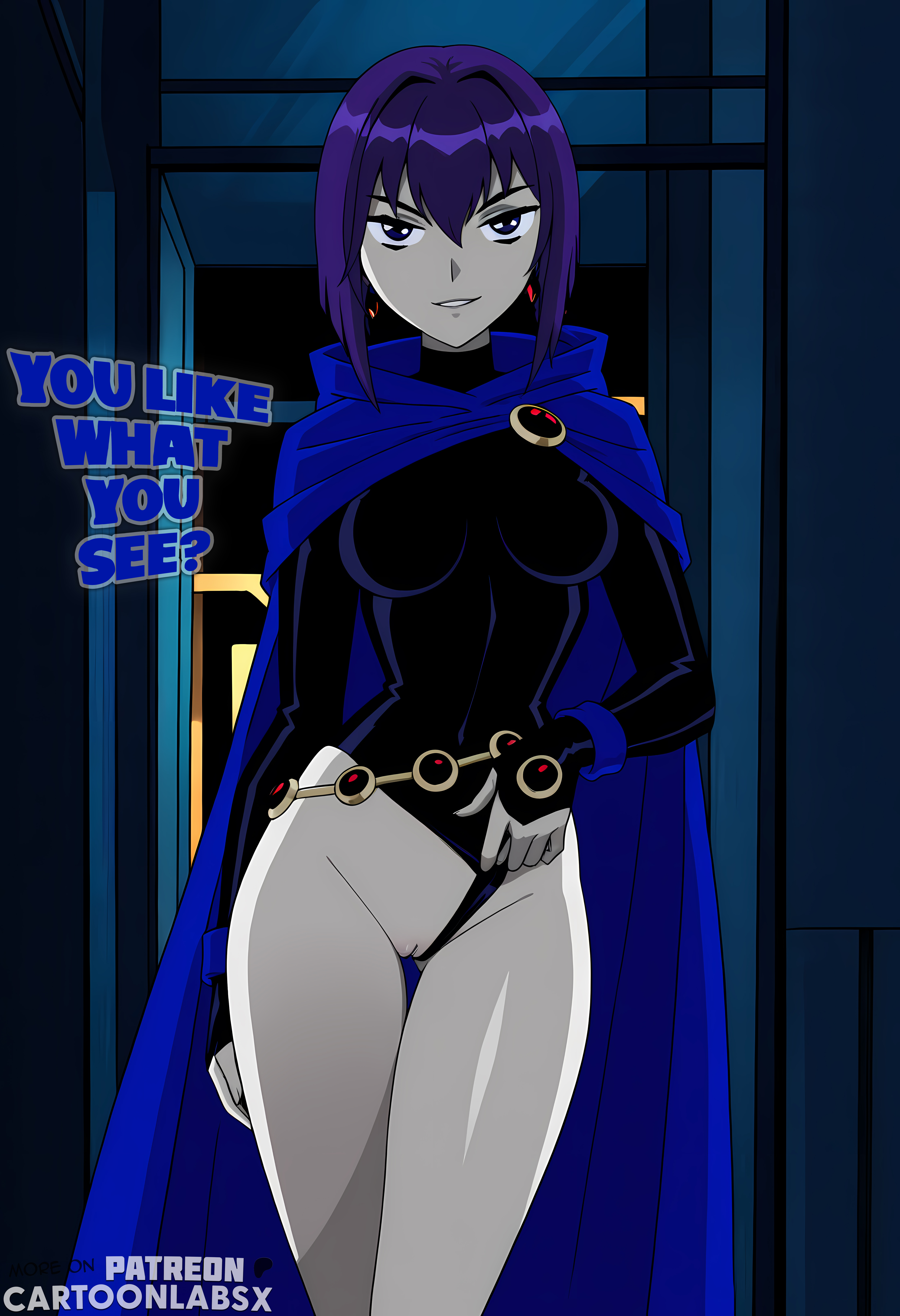 1girls, ai generated, cartoon network, cartoony, clothed, dc, dc comics, english text, female, female only, legs, nude, nude female, purple hair, pussy, rachel roth, raven (dc), showing off, solo, standing, stripping, superhero, superheroine, teasing, teasing viewer, teen titans, text, text bubble, tv