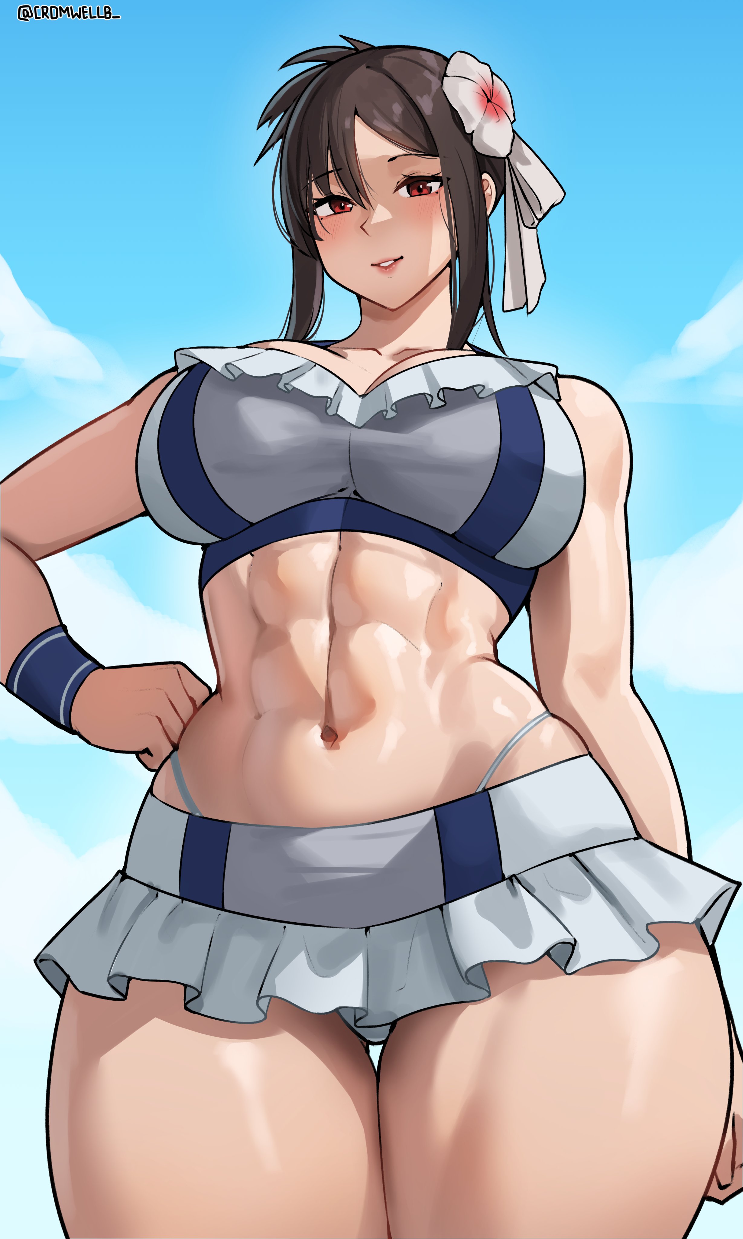 1girls, abs, beach, below view, big breasts, black hair, breasts, busty, cromwellb, dark hair, female, female only, final fantasy, final fantasy vii, final fantasy vii rebirth, final fantasy vii remake, fit, fit female, flower, flower in hair, higher resolution available, hips, huge breasts, large breasts, light skin, light-skinned female, muscles, muscular, red eyes, square enix, swimsuit, swimwear, thick, thick thighs, thigh gap, thighs, thighs together, tifa lockhart, tifa lockhart (shining spirit), toned, toned female