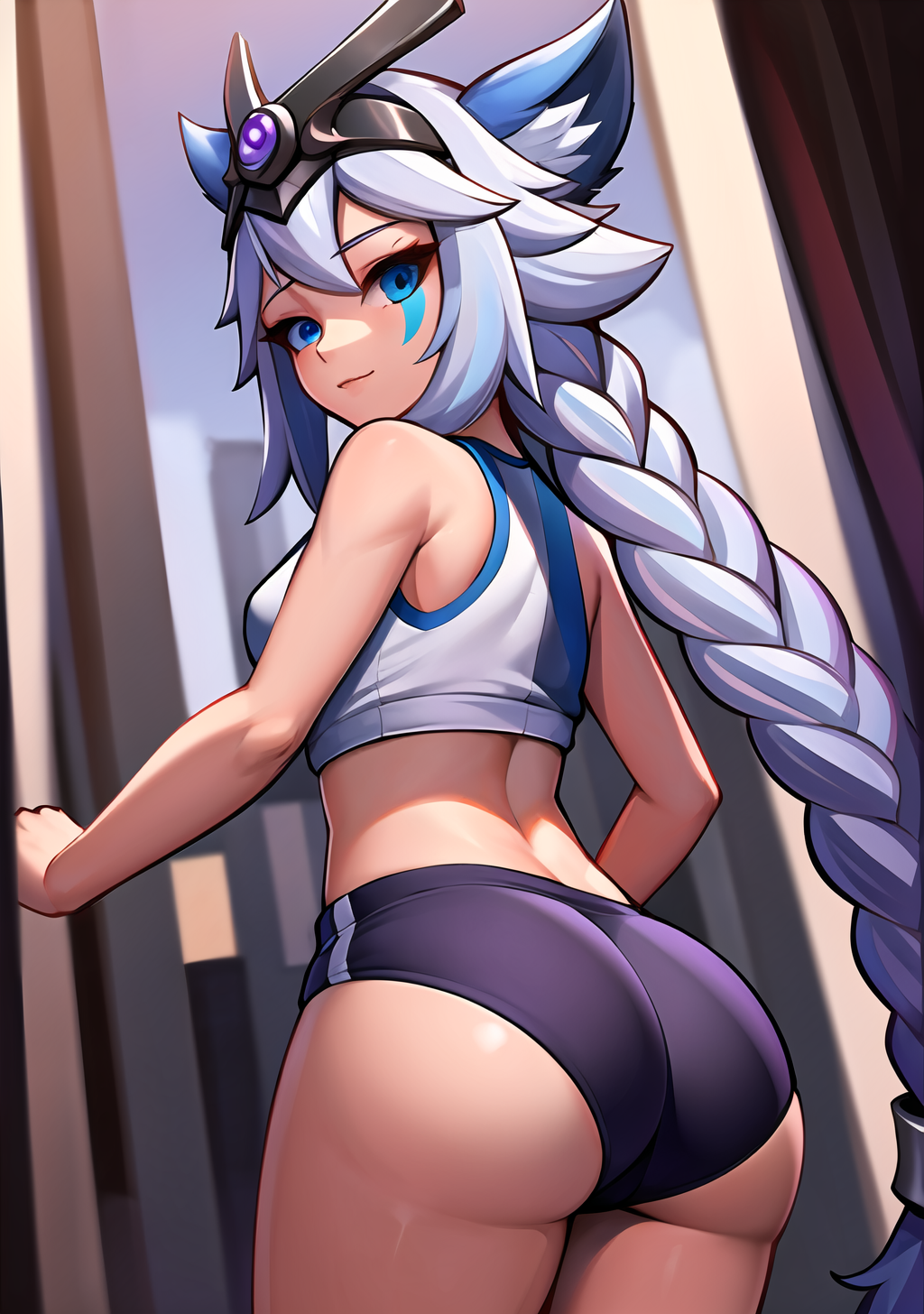 ai_generated animal_ears ass blue_eyes female fox_ears headwear io_(paladins) looking_at_viewer paladins shorts silver_hair solo stable_diffusion