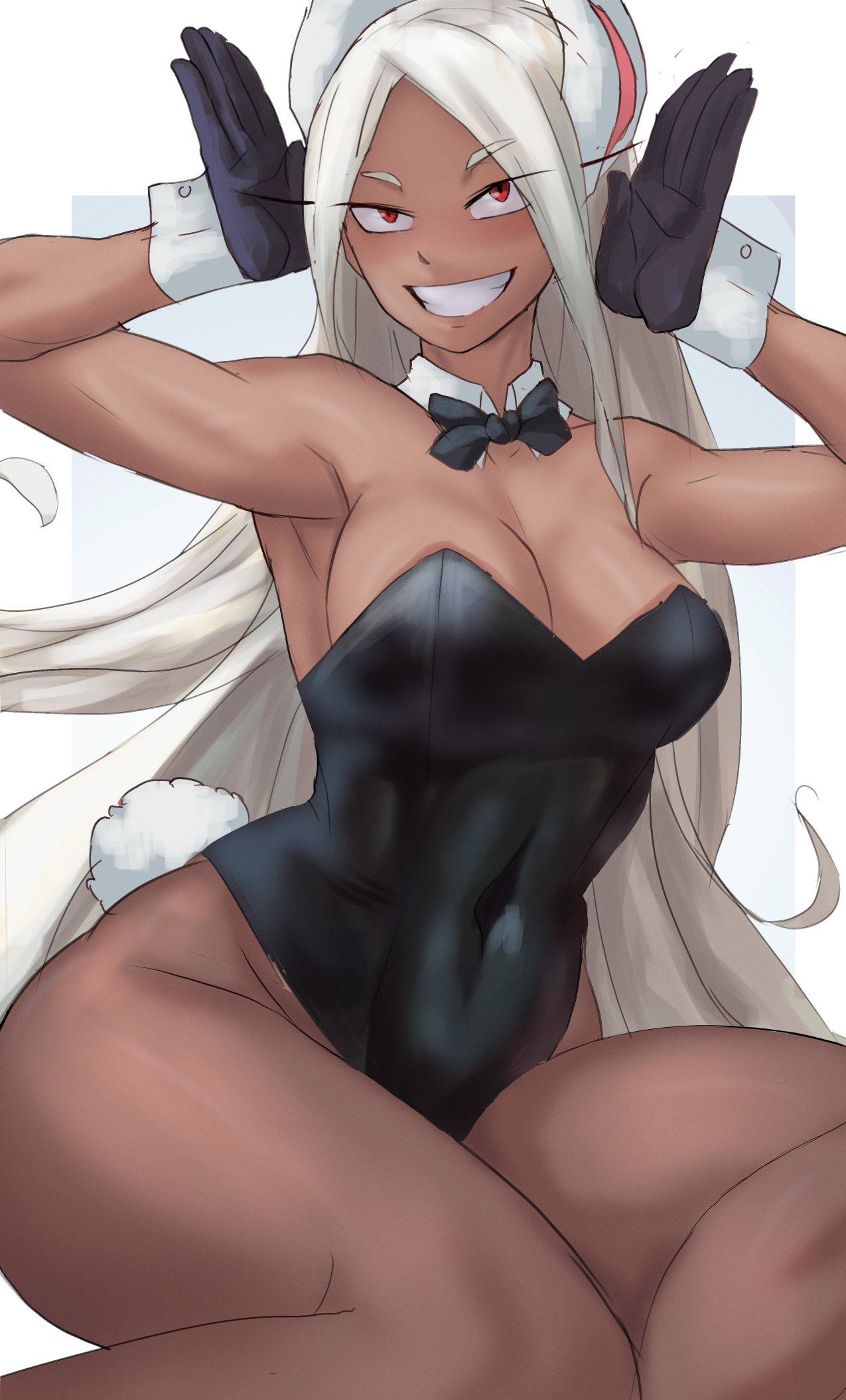 1girls, boku no hero academia, bowtie, bowtie collar, breasts, bunny ears, bunny girl, busty, cleavage, cuffs, dark skin, dark-skinned female, female, foonie xd, gloves, miruko, my hero academia, red eyes, rumi usagiyama, smile, thick thighs, thighs, white hair, white-haired female