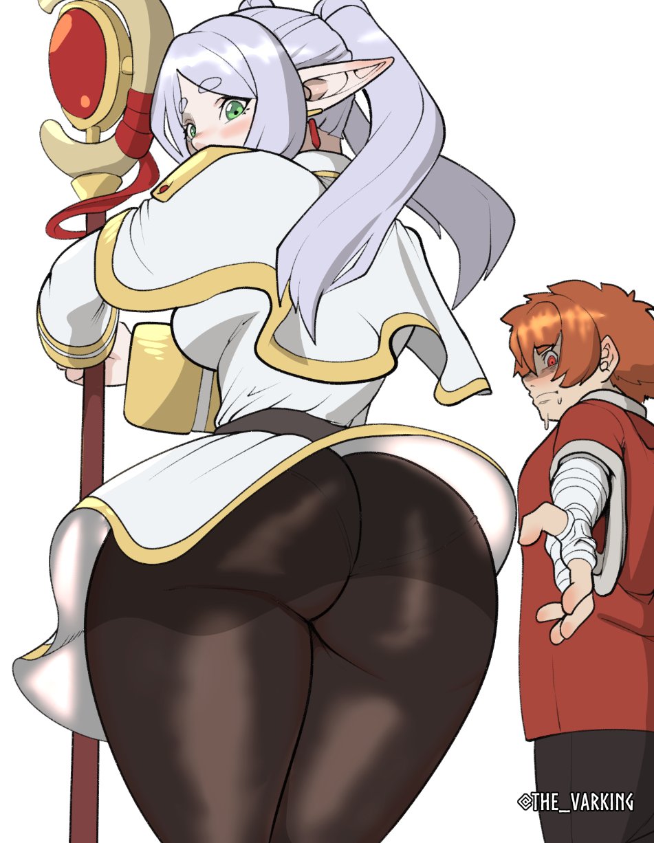 1boy, 1girls, ass, elf, elf ears, elf female, female, frieren, large ass, looking back, male, panties, panties under pantyhose, pants, pantyhose, sousou no frieren, stark (sousou no frieren), the varking, thighs, white background, white panties