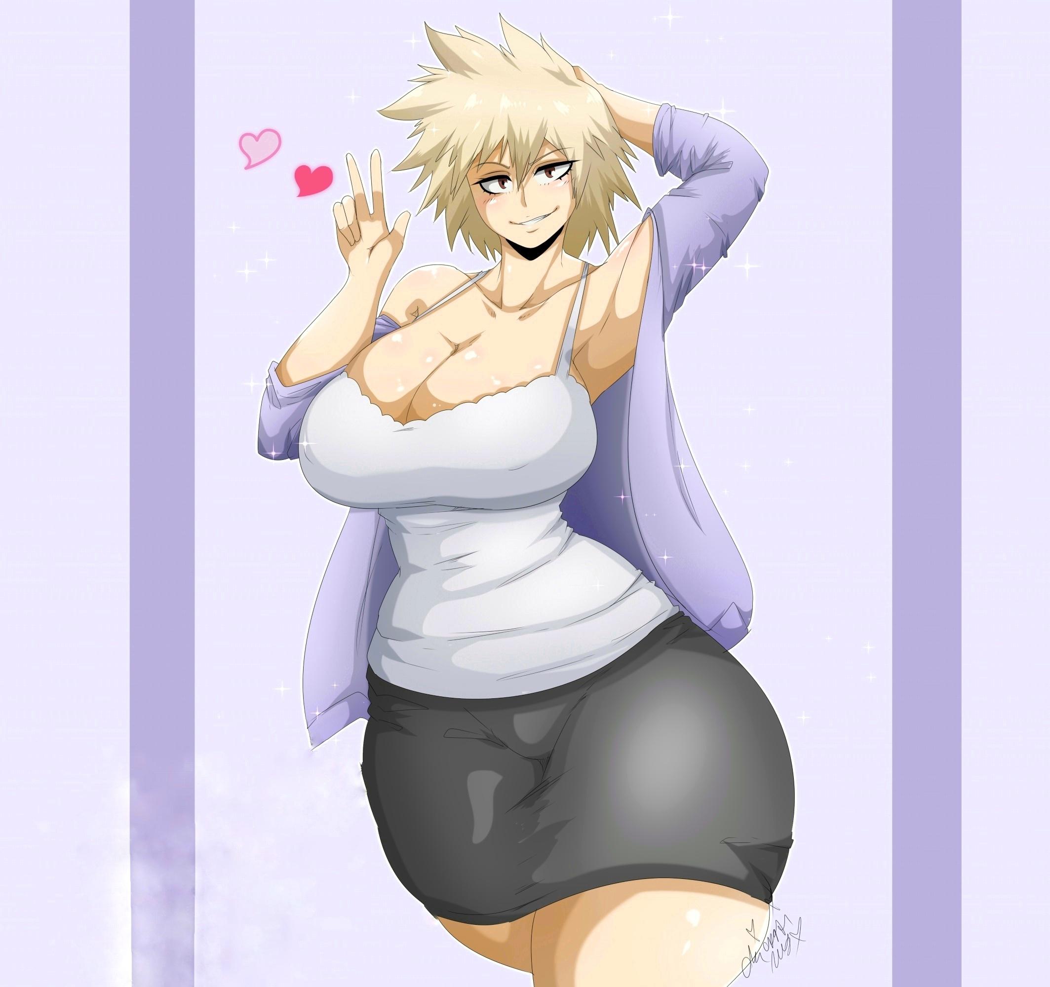 arm behind back, arm behind head, arm up, ass, big ass, big breasts, big butt, black dress, blonde hair, breasts, cute expression, eyelashes, female, heart, hearts, hips, huge breasts, milf, mitsuki bakugou, mother, my hero academia, okioppai, peace sign, purple jacket, seductive, smile, smiling, smiling at viewer, thick ass, thick thighs, v, white shirt