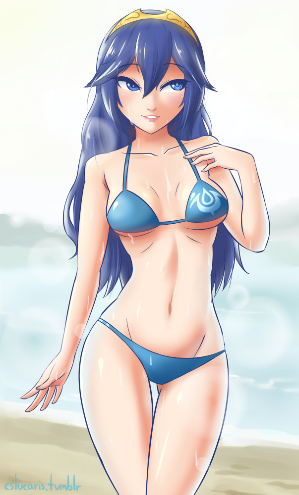 1girls, alluring, beach, bikini, blue bikini, blue eyes, blue hair, breasts, cleavage, cslucaris, eyelashes, female, female only, fire emblem, fire emblem awakening, human, long hair, lucina (fire emblem), nintendo, sky, smile, solo, swimsuit, text, tiara