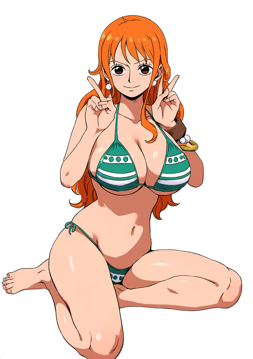 1girls, ai generated, artist request, bare legs, big breasts, bikini, bikini top, breasts, brown eyes, curvaceous, curvy female, female, female only, huge breasts, large breasts, light skin, light-skinned female, long hair, nami (one piece), one piece, orange hair, orange-haired female, peace sign, post-timeskip, shounen jump, smile, stable diffusion, voluptuous, voluptuous female