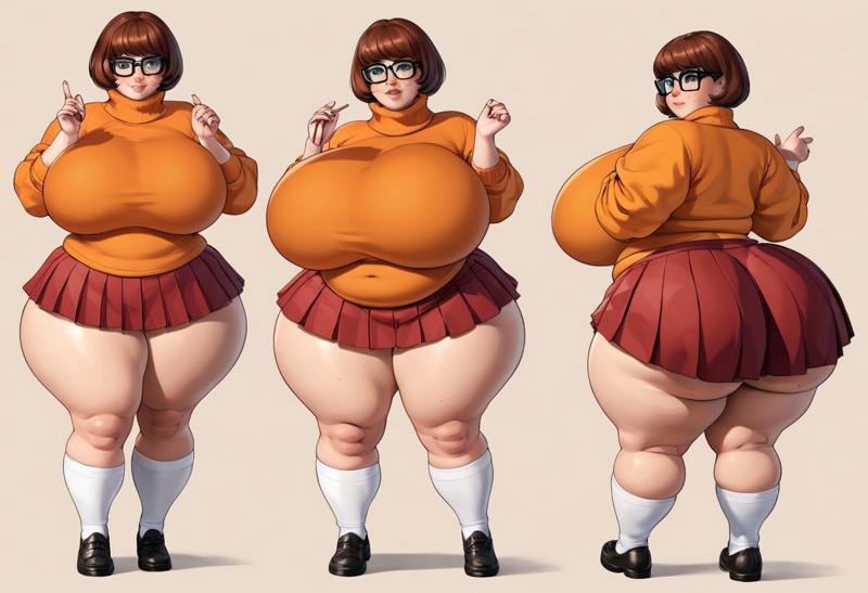 ai_generated alternate_body_type bbw big_breasts bottom_heavy brown_hair civitai curvaceous curvy curvy_female curvy_figure fat fat_ass fat_tits fat_woman glasses huge_ass huge_breasts hyper_breasts leather_shoes miniskirt orange_skirt orange_sweater overweight_female round_ass round_belly scooby-doo thick_ass thick_legs thick_thighs top_heavy velma_dinkley white_socks