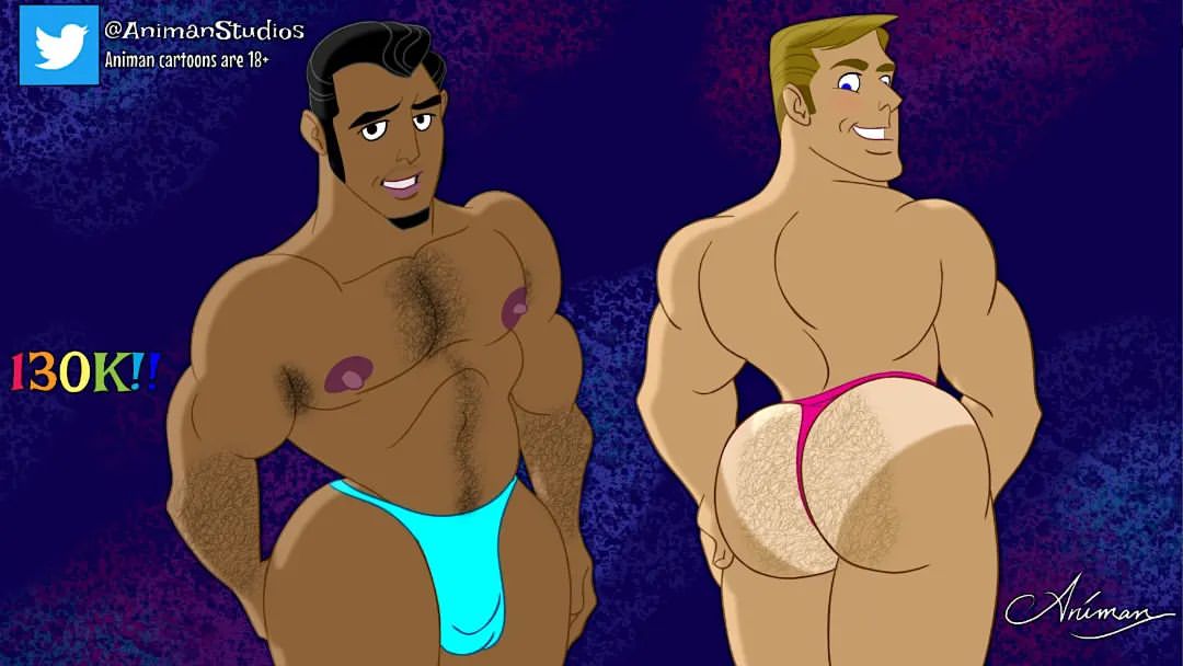 2boys animan animanstudios beard big_ass black_hair blonde_hair dark_skin hairy_armpits hairy_arms hairy_ass hairy_chest hairy_male light_skin looking_at_viewer male_only muscular speedo underwear