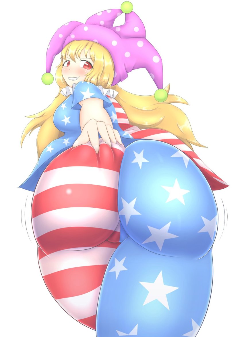1girls, american flag, american flag legwear, american flag shirt, artist request, ass, ass grab, blonde hair, breasts, clownpiece, female, huge ass, long hair, looking at viewer, medium breasts, red eyes, touhou, yoga pants