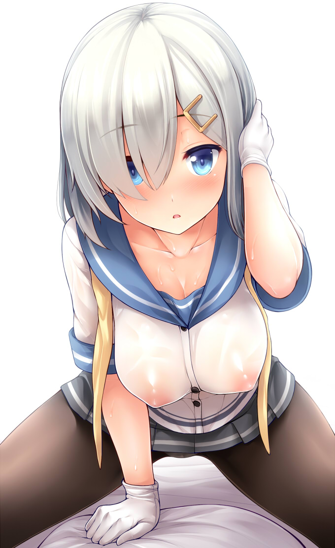 arm support, black legwear, blush, breasts, collarbone, erect nipples, female, gloves, hair ornament, hairclip, hamakaze (kantai collection), jpeg artifacts, kantai collection, leaning forward, looking at viewer, nipples, on bed, pantyhose, pillow, see-through, short hair, silver hair, simple background, solo, straddling, sweat, uni8, white background, white gloves
