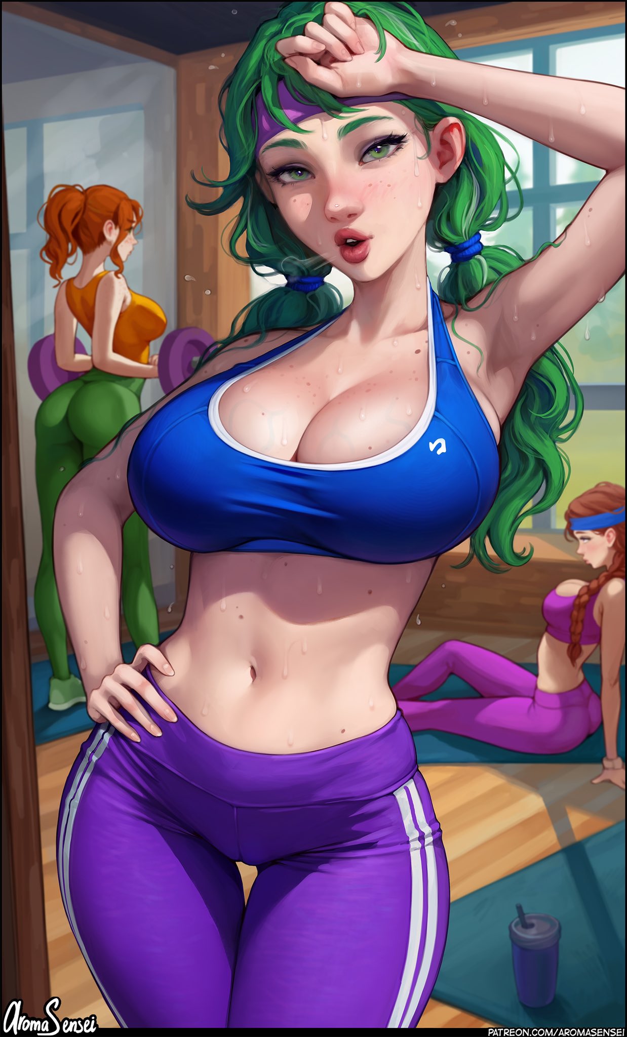 3girls aroma_sensei breasts bust busty caroline_(stardew_valley) chest curvaceous curvy curvy_figure cute cute_face digital_media_(artwork) farmer_(stardew_valley) female female_focus green_eyes hips hourglass_figure huge_breasts human jodi_(stardew_valley) legs light-skinned_female light_skin lips mature mature_female navel robin_(stardew_valley) slim_waist stardew_valley sweat sweatdrop sweating sweating_profusely thick thick_hips thick_legs thick_thighs thighs voluptuous waist wholesome wide_hips wiping_sweat workout yoga_pants