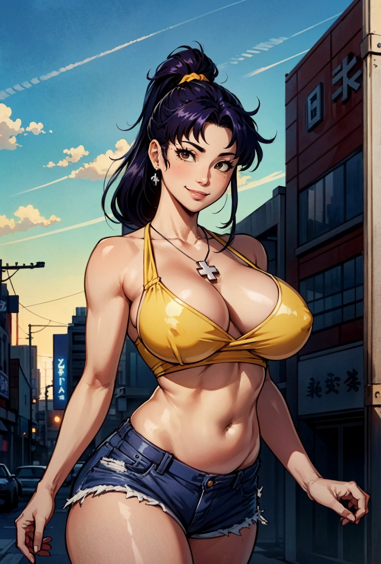 ai generated, big breasts, breasts, breasts bigger than head, female, looking at viewer, makimass ai, misato katsuragi, neon genesis evangelion