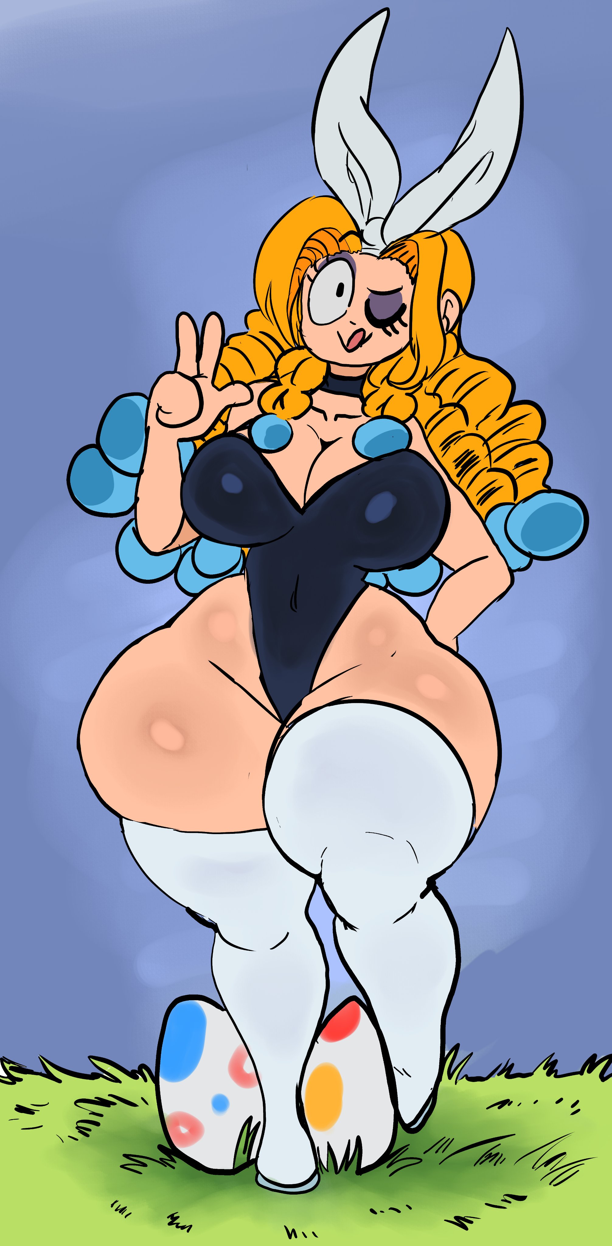 1girls, 2024, ass, big ass, big breasts, blonde hair, breasts, bunnysuit, cleavage, curvaceous, curvy, curvy figure, cute, easter, easter egg, emily (lemonadepikachu), female, female focus, fully clothed, gigantic thighs, hourglass figure, huge ass, huge breasts, huge thighs, large ass, large breasts, lemonadepikachu, light skin, light-skinned female, long hair, mature female, oc, one eye closed, original, original character, pale skin, pale-skinned female, peace sign, smile, solo, solo focus, stockings, thick thighs, tongue, tongue out, very long hair, voluptuous, white stockings, wide hips, yellow hair