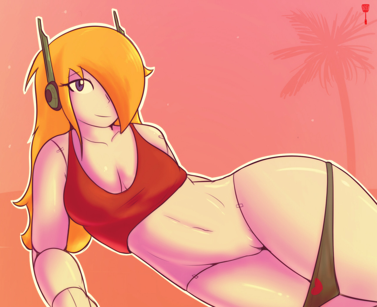 bzeh, cave story, cleavage, curly brace, curly's panties, female, green panties, panties, panty pull, print panties, solo, solo focus, tagme