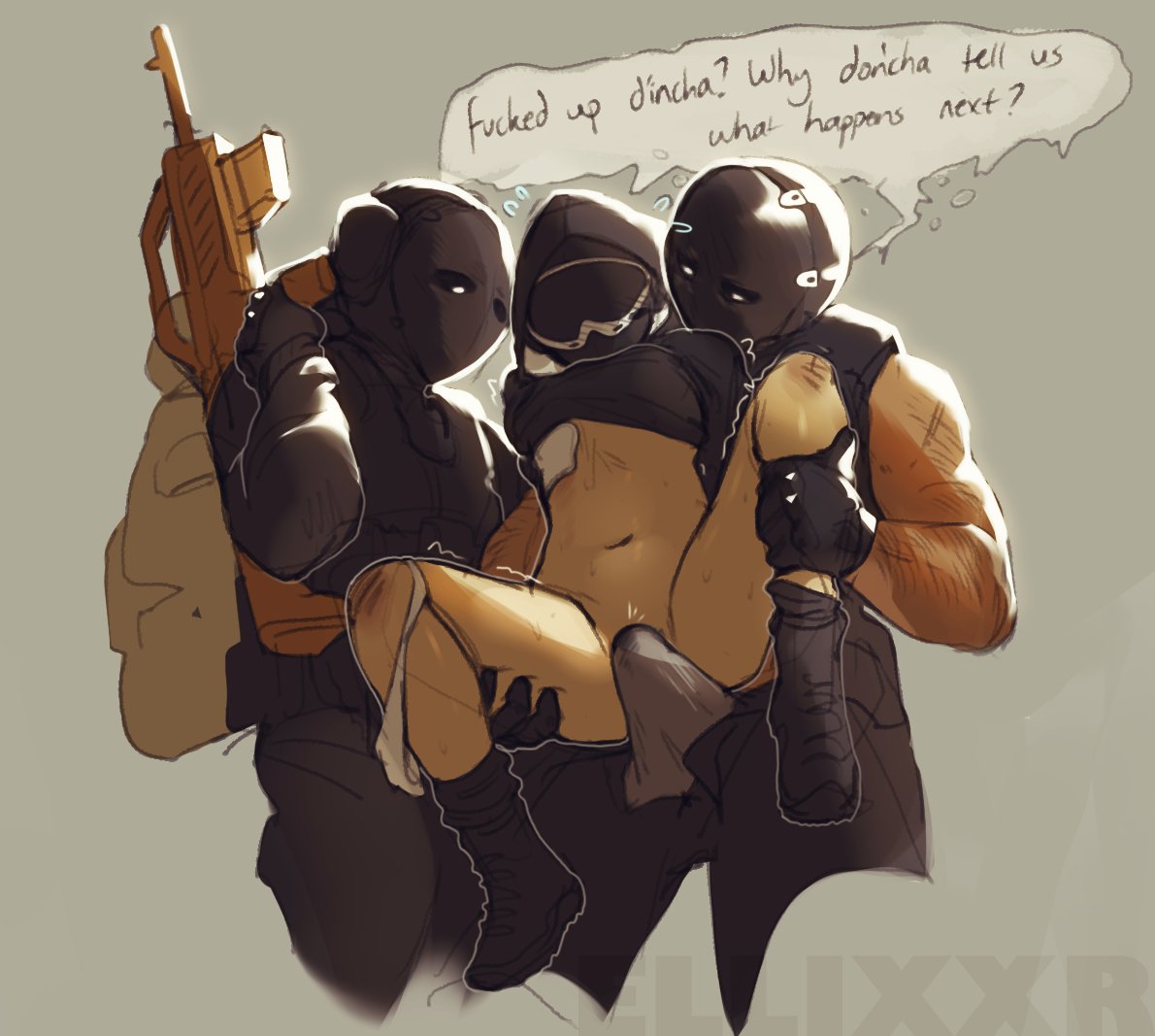 1girls 2boys 2d_(artwork) admiring ballistic_face_mask bandaged_chest boots bulge bulge_through_clothing call_of_duty call_of_duty_league_female captured dialogue dialogue_bubble ellixxr goggles holding_legs hood_down hoodie_lift imminent_rape masked_female masked_male military military_uniform muscular_male nonconsensual nude_female nudity panties panties_around_one_leg panties_down pants_removed precum prey qwertyas1 restrained_arms rifle scraped_knee shaded simple_background sweat tactical_gear trembling unzipped_pants warzone white_eyes wounded