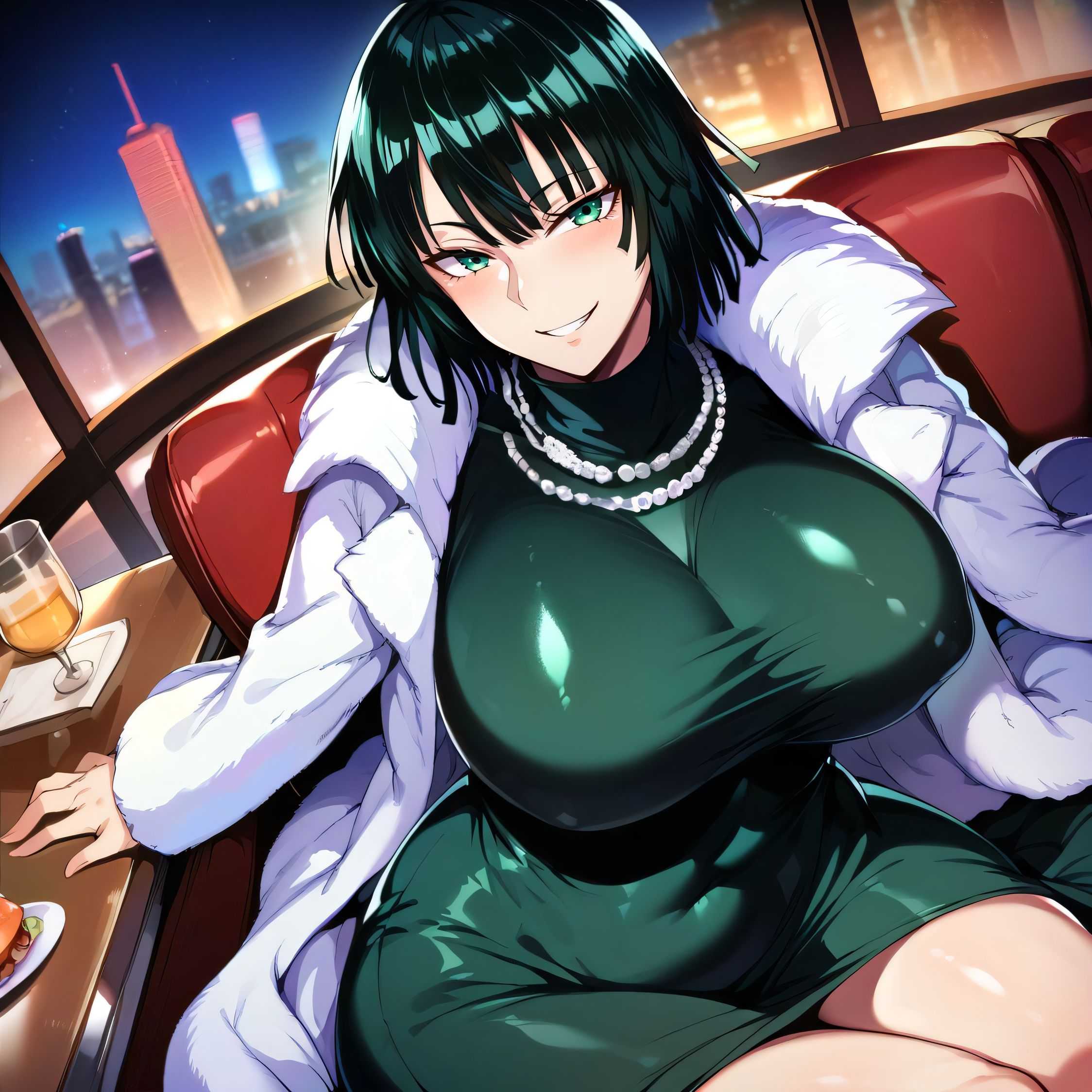 1girls, ai generated, alternate breast size, big breasts, breasts, busty, curvaceous, curvy, curvy body, curvy female, curvy figure, dress, female, fubuki (one-punch man), huge breasts, large breasts, nipples, one-punch man, sitting, solo, sweat, sweating, sweaty, sweaty body, sweaty breasts, thick thighs, thighs