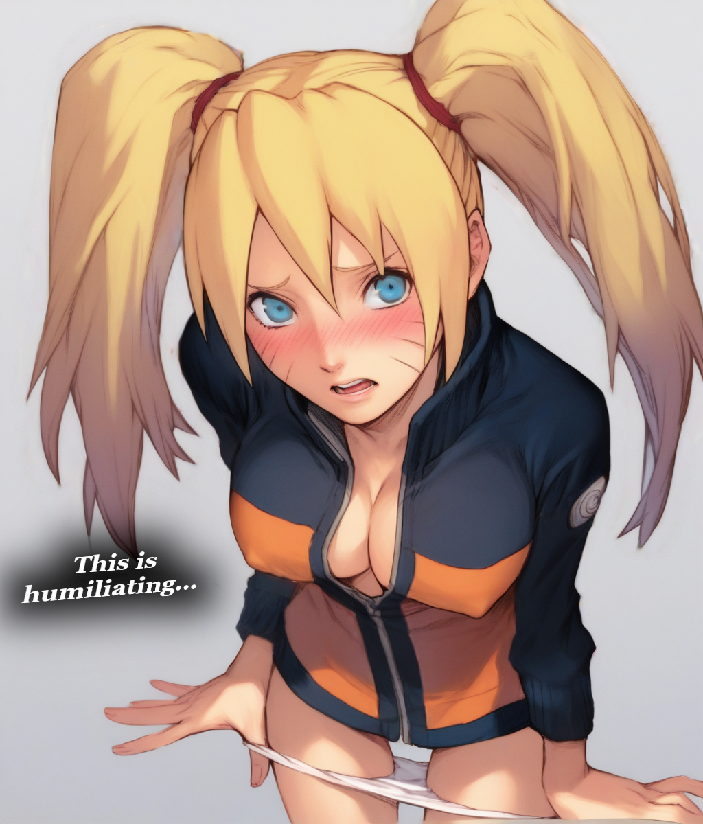 1girls ai_generated asian big_breasts blonde_female blonde_hair blue_eyes blush bottomless bottomless_female busty canon_genderswap cleavage clothed color comic defeated defeated_heroine english_text facial_markings female female_focus feminization genderswap_(mtf) hair hair_between_eyes humiliation large_breasts long_hair looking_at_viewer lqf_ai naruko naruto naruto_(series) naruto_shippuden nervous ninja nipple_bulge nipples_visible_through_clothing no_pants open_mouth open_shirt panties panties_down public_humiliation pulling_down_panties pulling_panties rule_63 sexy_no_jutsu shounen_jump solo solo_female stable_diffusion standing text thought_bubble tied_hair twintails underwear uzumaki_naruto whisker_markings yellow_hair zipper_down