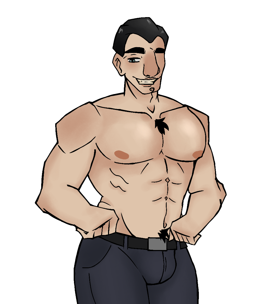 1boy 1boys ballzz bara black_hair blue_eyes body_hair bulge_through_clothing first_porn_of_character grinning half_naked izaack_gauss looking_at_viewer pecs pectorals self_upload shirtless shirtless_male that's_not_my_neighbor thick_eyebrows toony_face