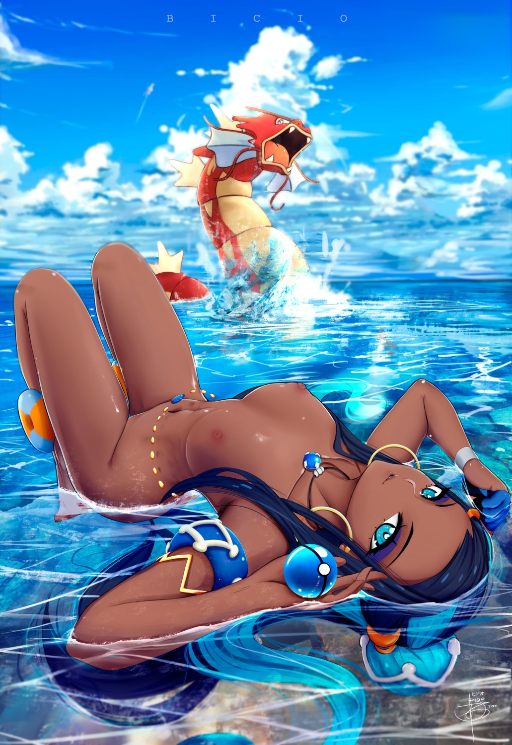 1girls arched_back bicio blue_eyes blue_hair breasts casual_nudity dark_hair dark_skin functionally_nude functionally_nude_female gyarados medium_breasts nessa_(pokemon) nipples nude nude_female ocean pokémon_(species) pokemon skinny solo_female tagme water