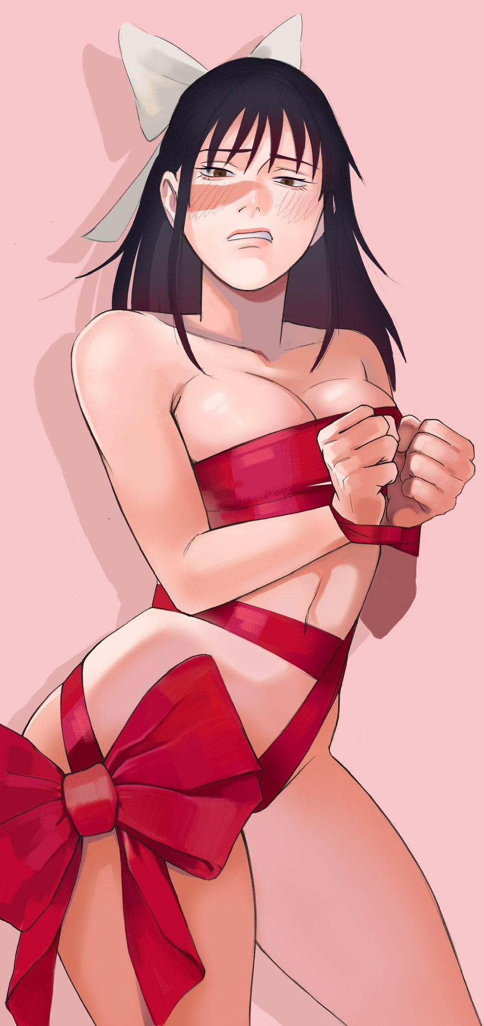 50gryvnia blush blush blushing_at_viewer bow jujutsu_kaisen light-skinned_female long_hair midriff red_bow scar scar_on_face tied_up utahime_iori valentine's_day white_bow