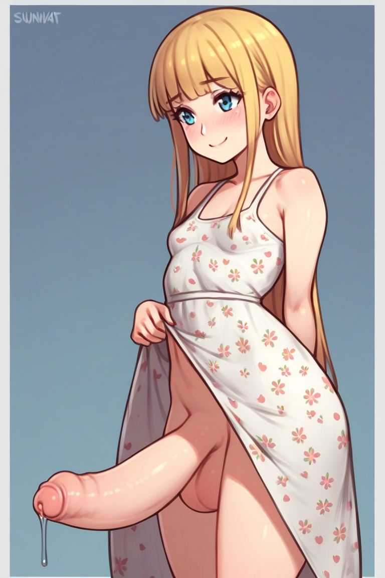 1futa, ai generated, balls, big balls, big penis, blonde, blonde hair, blonde-haired female, blue eyes, breasts, dress up, erection, fair skin, fair-skinned female, female, female focus, futanari, intersex, large penis, leaking, leaking precum, no panties, penis, precum, presenting, presenting penis, small breasts, solo, solo female, solo focus, thick thighs