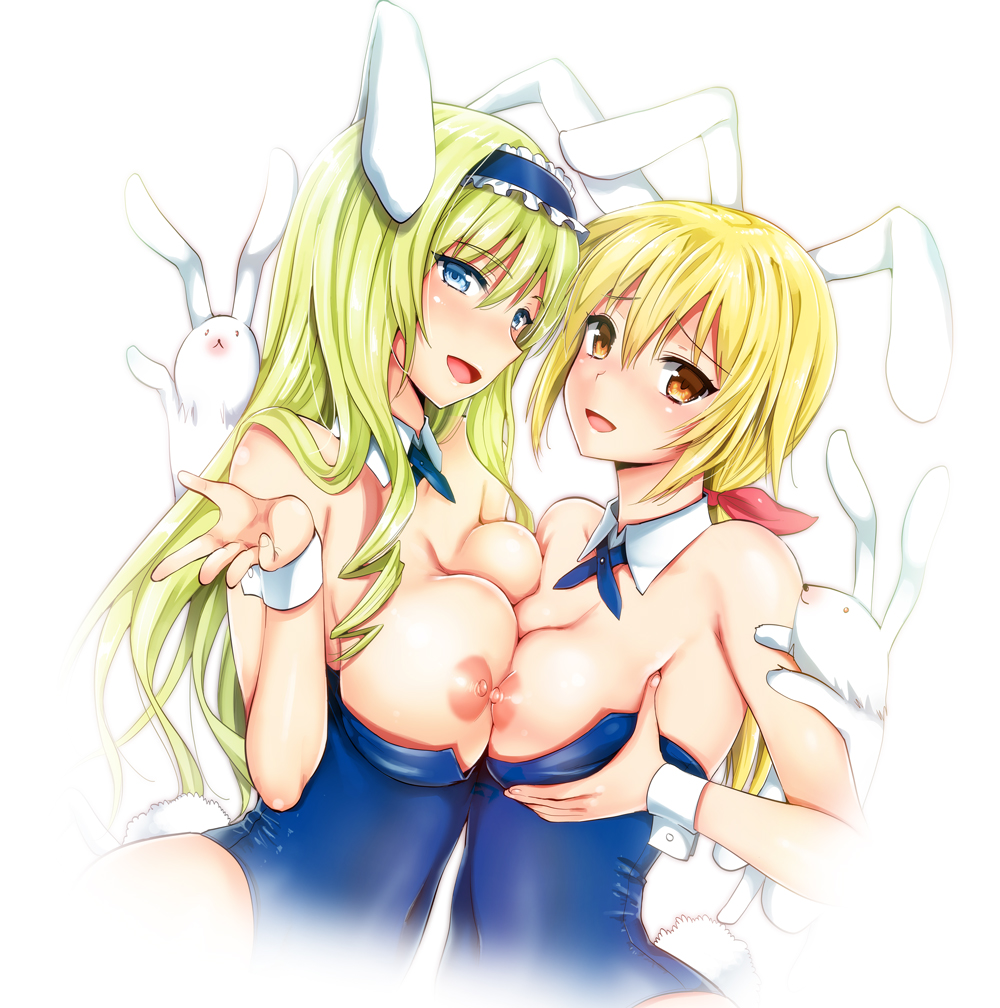 2girls, animal ears, backlighting, blonde hair, blue eyes, breast press, breasts, brown eyes, bunny, bunny ears, bunny tail, bunnysuit, cecilia alcott, charlotte dunois, detached collar, female, female only, green hair, hair ribbon, hairband, infinite stratos, kojima saya, large breasts, leotard, long hair, multiple females, multiple girls, nipples, open mouth, ponytail, ribbon, simple background, smile, symmetrical docking, tail, tied hair, white background, wrist cuffs