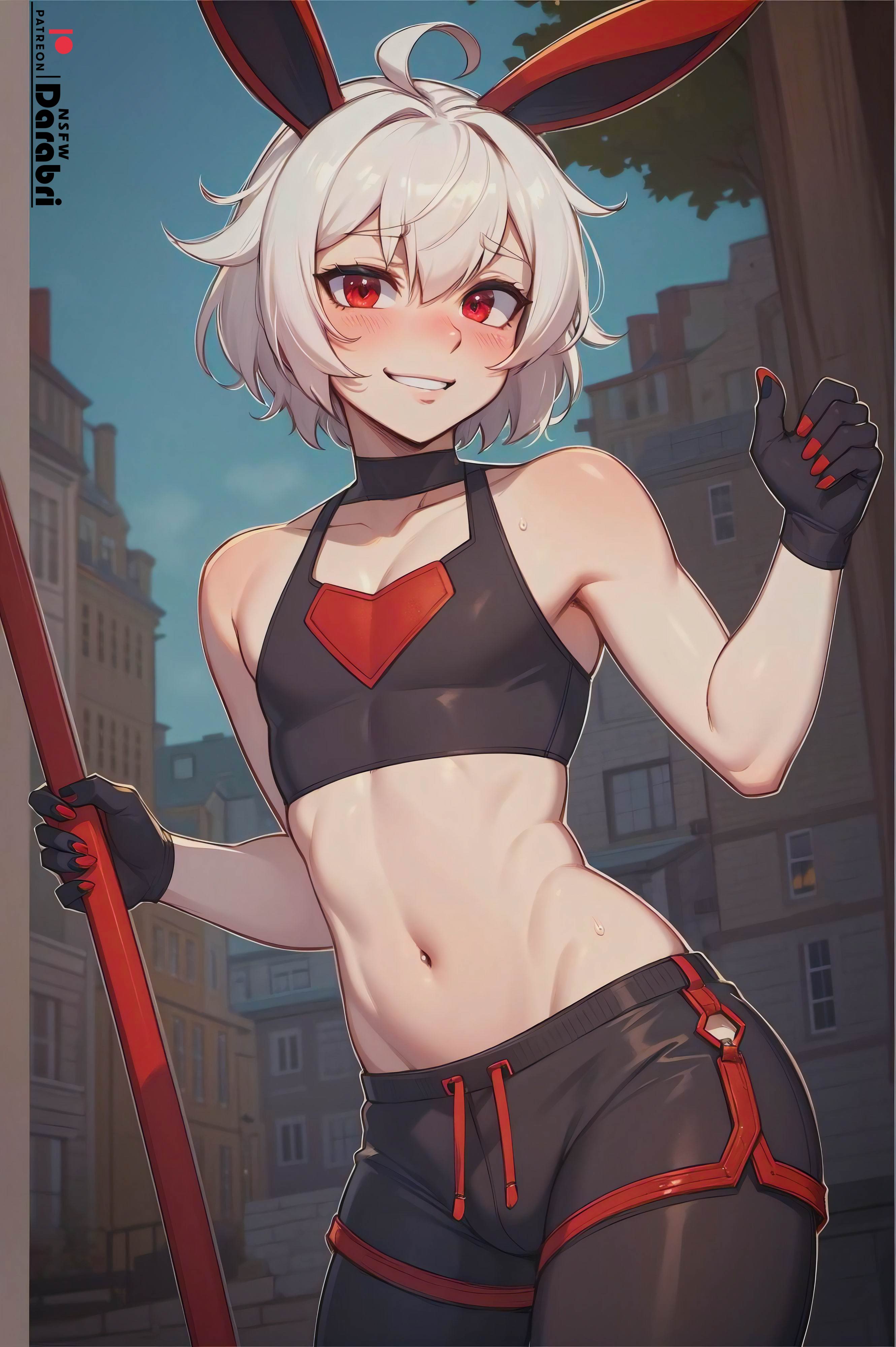 1boy, absurd res, ai generated, blush, bunny boy, bunny ears, colored, crop top, darabri, detailed, detailed background, femboy, feminine male, girly, gloves, logo, looking at viewer, male, midriff, navel, open smile, otoko no ko, outlines, pale skin, park, patreon, patreon logo, pov eye contact, red eyes, ribbit nova, short hair, shorts, shoulders, white hair