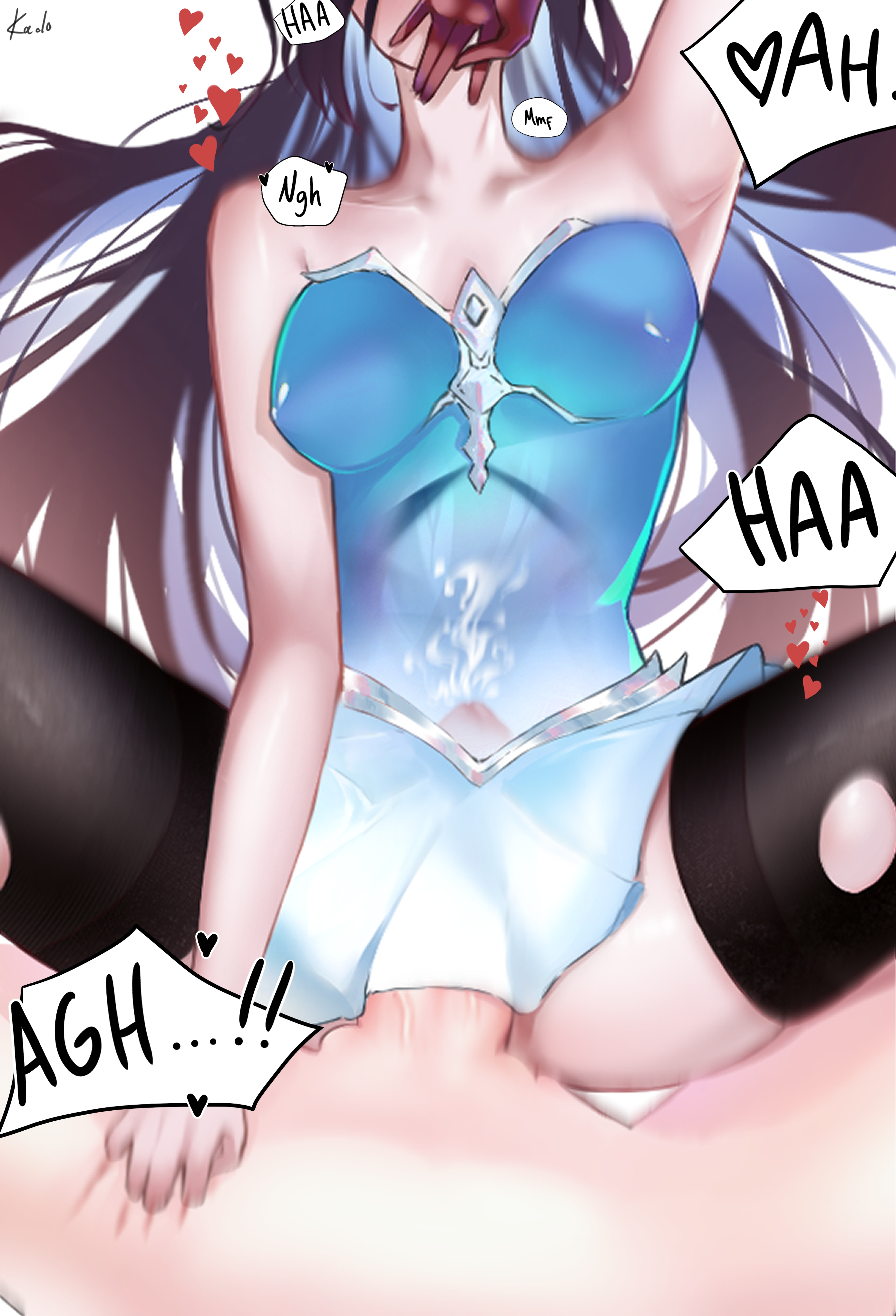 1boy1girl, 1girls, armpits, black thighhighs, breasts, covering mouth, cum, cum in pussy, cum inside, cum visible through body, ejaculation, faceless male, female, honkai: star rail, hoyoverse, hysilens (honkai: star rail), kado, long hair, male, medium breasts, mihoyo, moaning, penis visible through body, pussy, ripped clothing, vaginal penetration