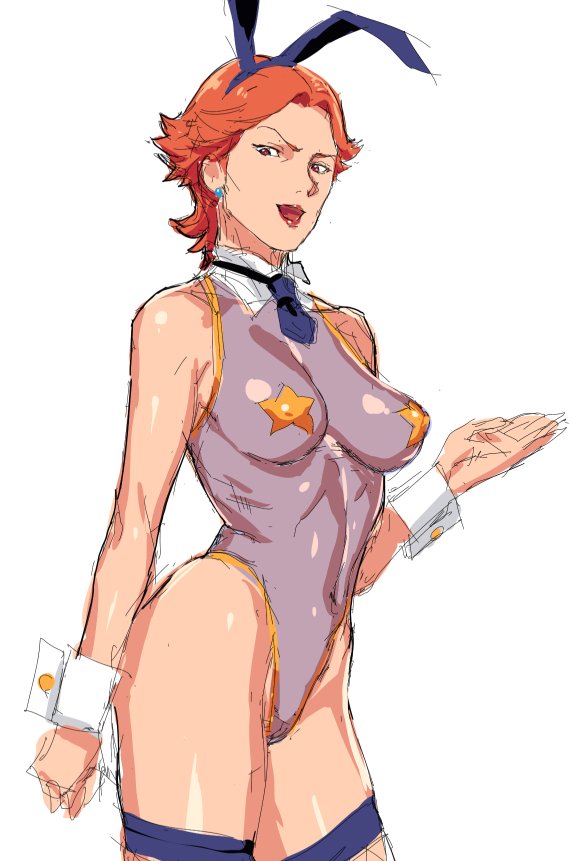 1girl 1girls breasts bunnysuit dokata_s female female_focus female_only gundam holding_out_hand kycilia_zabi legwear leotard light-skinned_female light_skin looking_away mobile_suit_gundam nipples older_female purple_clothing red_hair slim slim_waist small_breasts sole_female solo_female transparent_clothing villainess