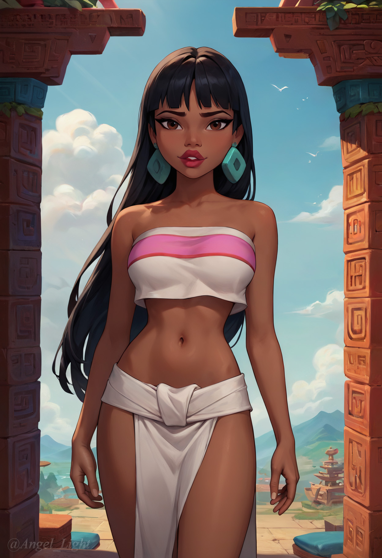 1girls, ai generated, angel light, angel light (artist), black hair, brown eyes, chel, dark skin, dreamworks, earrings, female, loincloth, the road to el dorado, tubetop