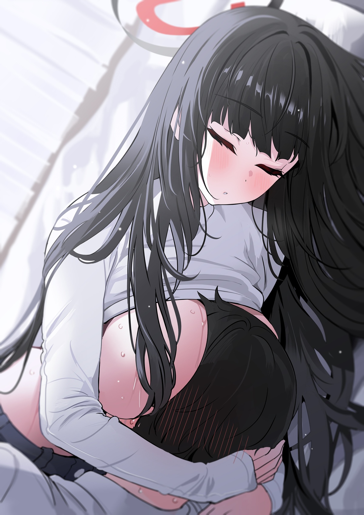 blue archive, blush, blush lines, blushing, breasts, female, head between breasts, hug, no bra, pulled up shirt, rio (blue archive), sweat, sweating, sweaty, sweaty body, tagme, yuki (asayuki101)
